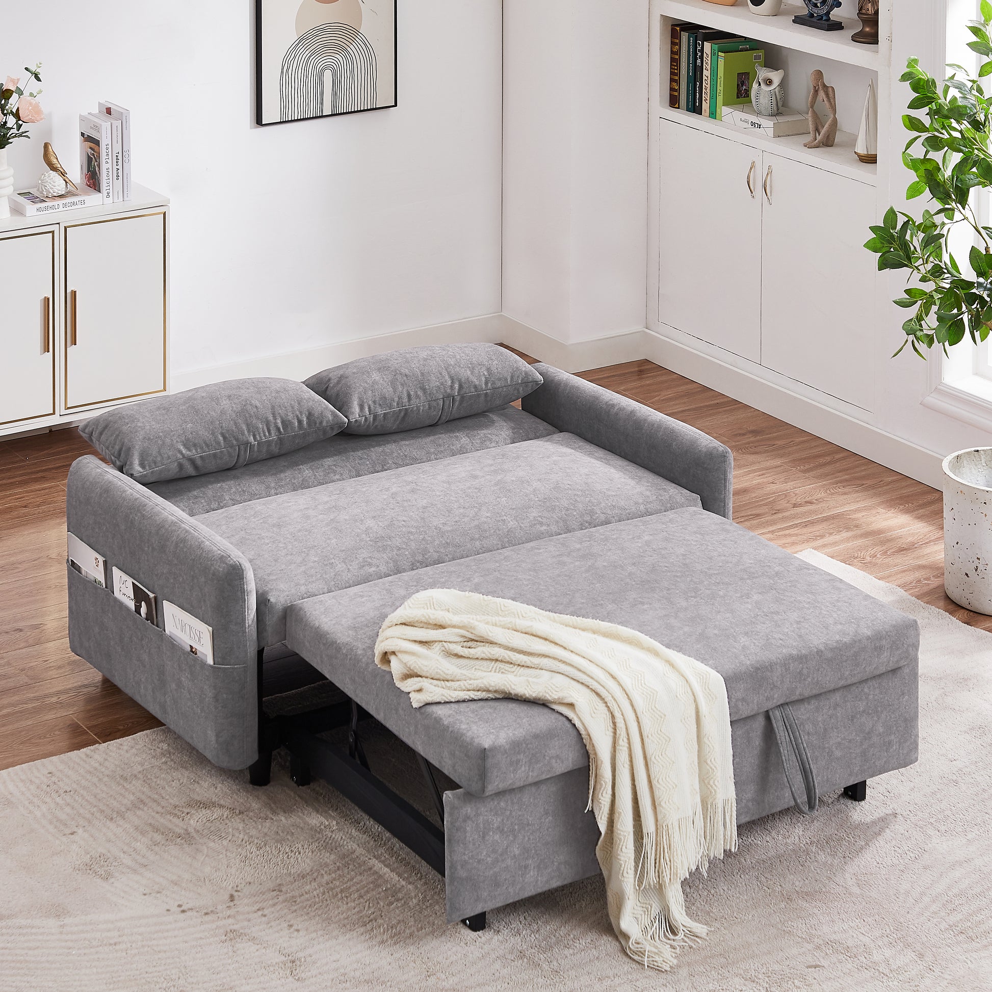 55.1" Pull Out Sleep Sofa Bed Loveseats Sofa Couch With Adjsutable Backrest, Storage Pockets, 2 Soft Pillows, Usb Ports For Living Room, Bedroom, Apartment, Office,Grey Old Sku:Wf315689Aae Grey Foam Microfiber 2 Seat