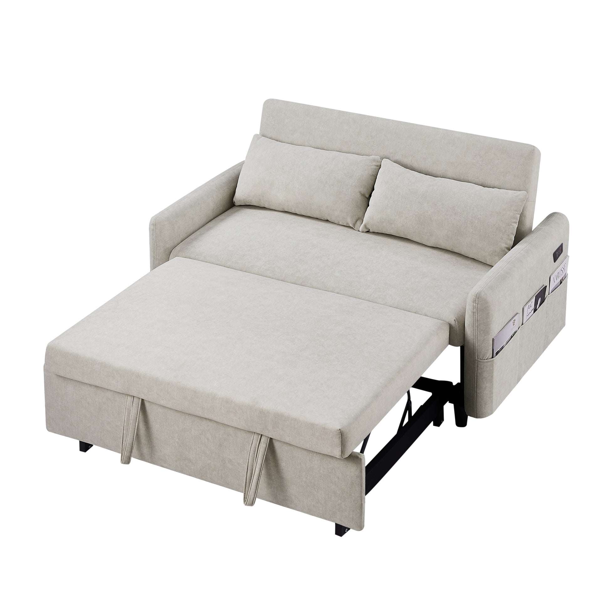55.1" Pull Out Sleep Sofa Bed Loveseats Sofa Couch With Adjsutable Backrest, Storage Pockets, 2 Soft Pillows, Usb Ports For Living Room, Bedroom, Apartment, Office, Beige Old Sku: Wf315689Aaa Beige Foam Microfiber 2 Seat