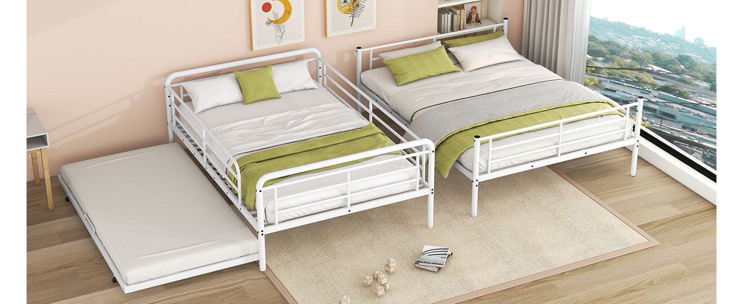 Full Xl Over Queen Metal Bunk Bed With Twin Size Trundle, White White Iron