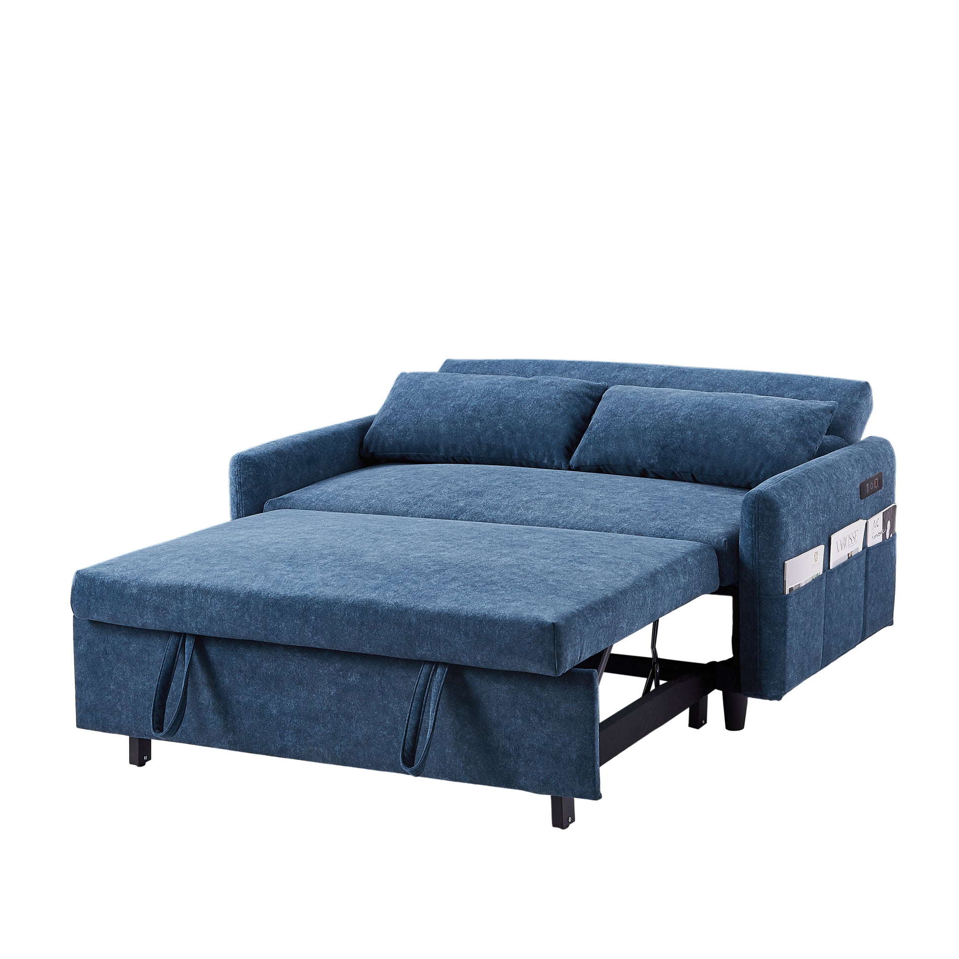 55.1" Pull Out Sleep Sofa Bed Loveseats Sofa Couch With Adjsutable Backrest, Storage Pockets, 2 Soft Pillows, Usb Ports For Living Room, Bedroom, Apartment, Office, Blue Old Sku: Wf315689Aac Blue Foam Microfiber 2 Seat