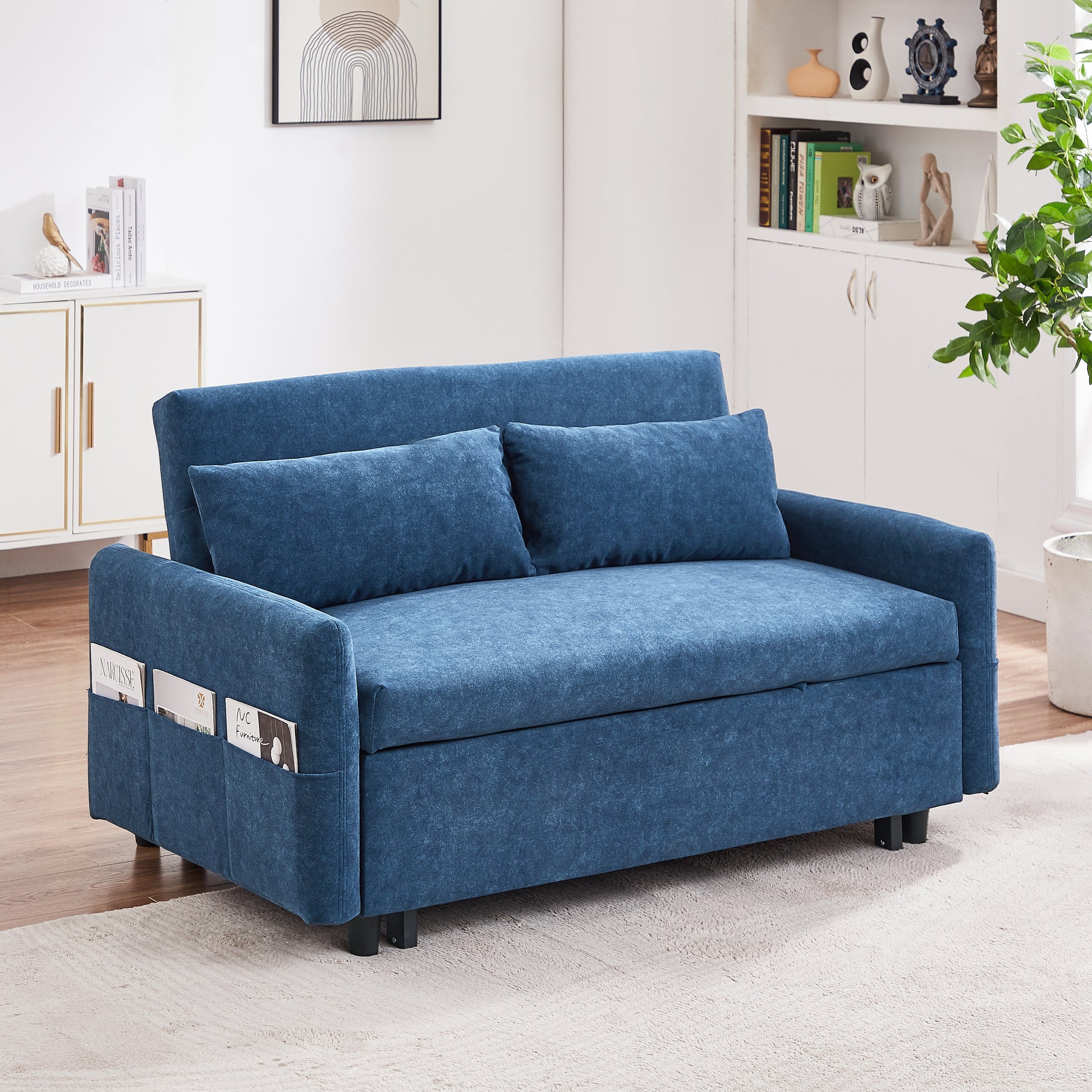 55.1" Pull Out Sleep Sofa Bed Loveseats Sofa Couch With Adjsutable Backrest, Storage Pockets, 2 Soft Pillows, Usb Ports For Living Room, Bedroom, Apartment, Office, Blue Old Sku: Wf315689Aac Blue Foam Microfiber 2 Seat