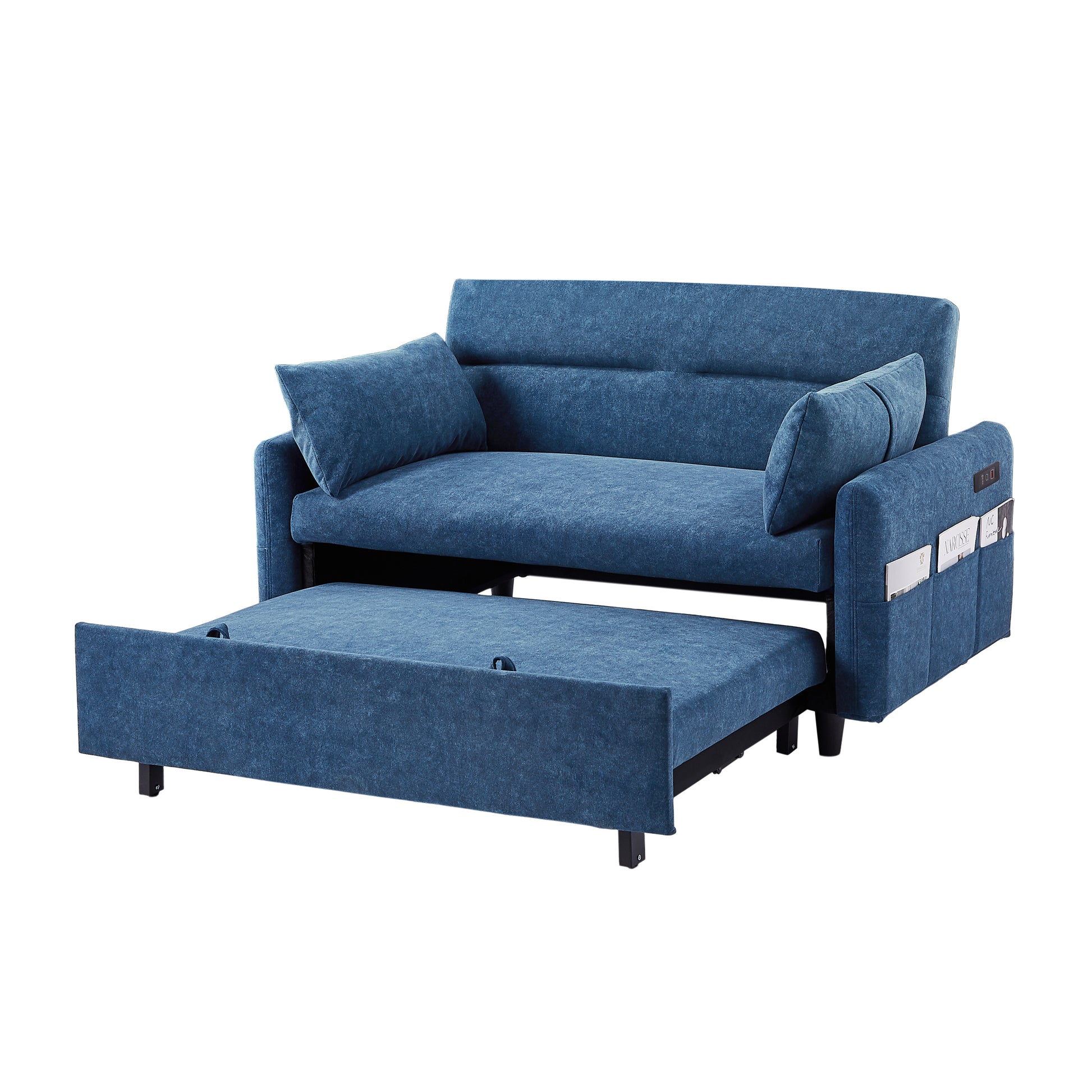 55.1" Pull Out Sleep Sofa Bed Loveseats Sofa Couch With Adjsutable Backrest, Storage Pockets, 2 Soft Pillows, Usb Ports For Living Room, Bedroom, Apartment, Office, Blue Old Sku: Wf315689Aac Blue Foam Microfiber 2 Seat