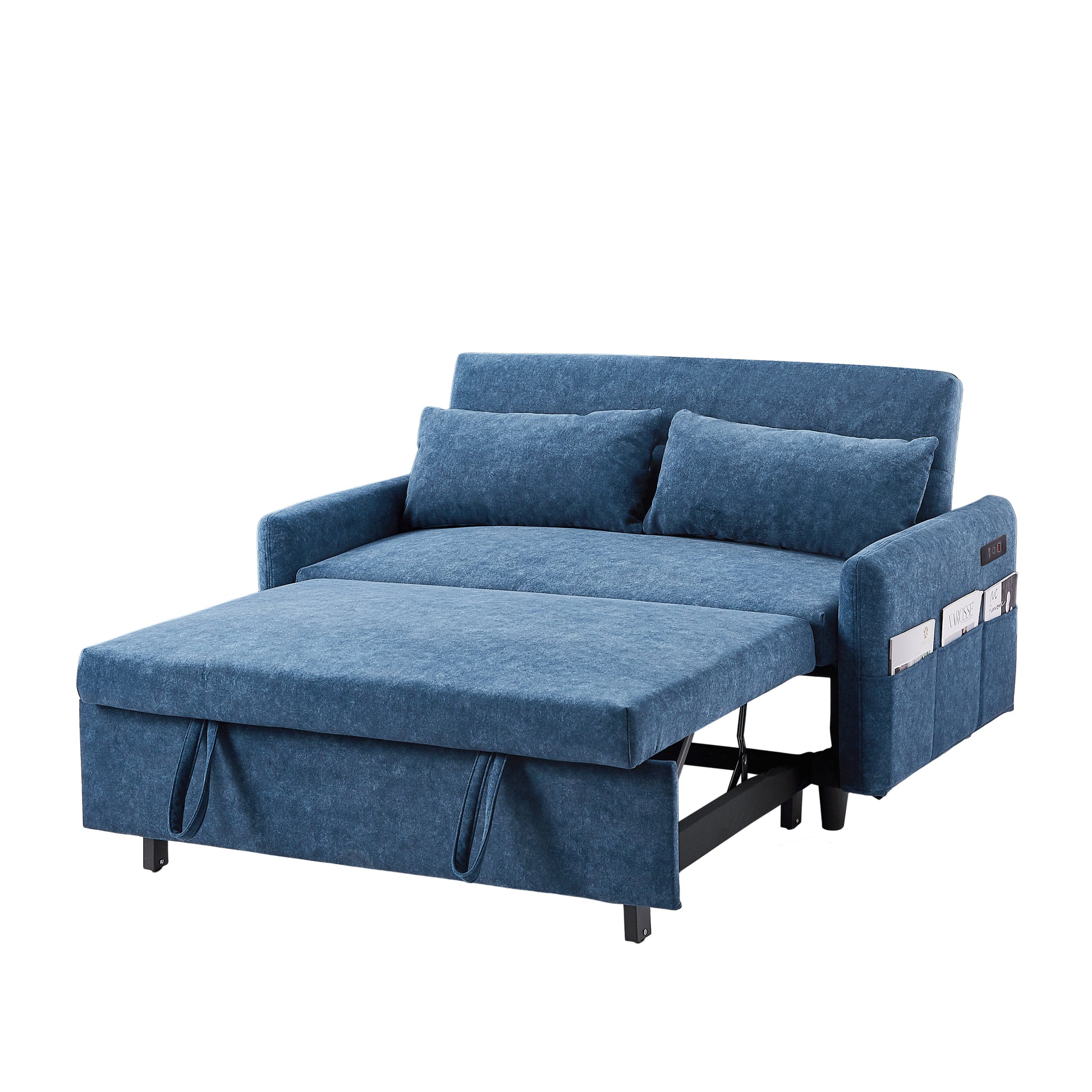 55.1" Pull Out Sleep Sofa Bed Loveseats Sofa Couch With Adjsutable Backrest, Storage Pockets, 2 Soft Pillows, Usb Ports For Living Room, Bedroom, Apartment, Office, Blue Old Sku: Wf315689Aac Blue Foam Microfiber 2 Seat