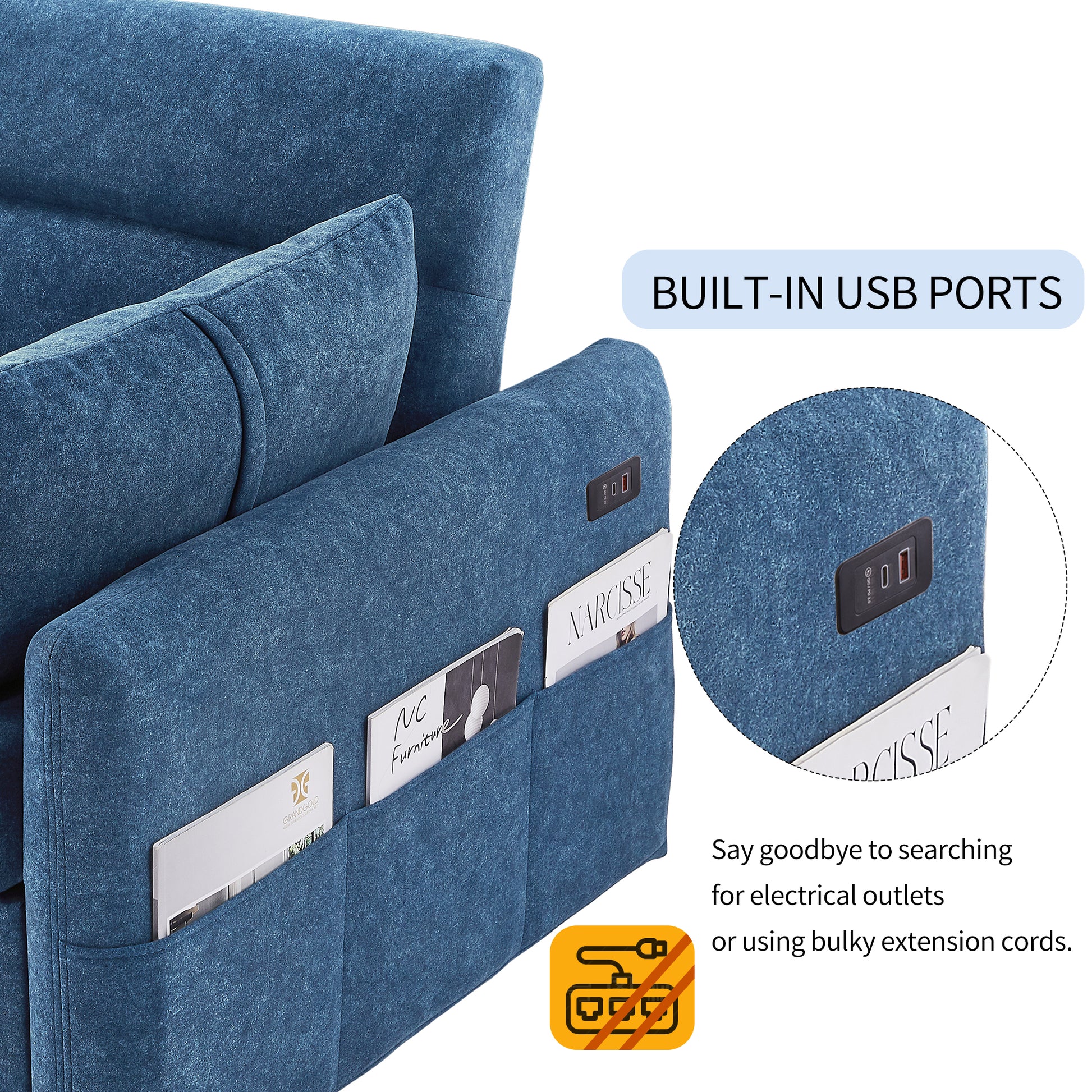 55.1" Pull Out Sleep Sofa Bed Loveseats Sofa Couch With Adjsutable Backrest, Storage Pockets, 2 Soft Pillows, Usb Ports For Living Room, Bedroom, Apartment, Office, Blue Old Sku: Wf315689Aac Blue Foam Microfiber 2 Seat