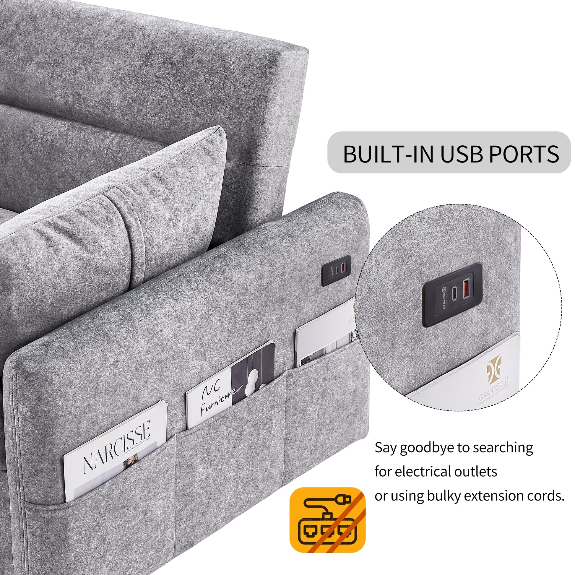 55.1" Pull Out Sleep Sofa Bed Loveseats Sofa Couch With Adjsutable Backrest, Storage Pockets, 2 Soft Pillows, Usb Ports For Living Room, Bedroom, Apartment, Office,Grey Old Sku:Wf315689Aae Grey Foam Microfiber 2 Seat