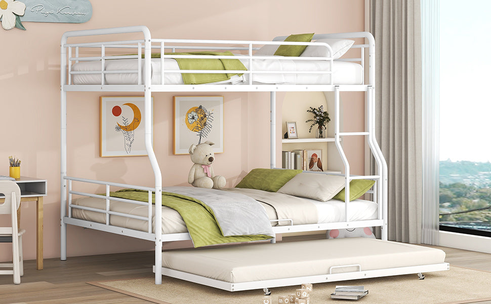 Full Xl Over Queen Metal Bunk Bed With Twin Size Trundle, White White Iron
