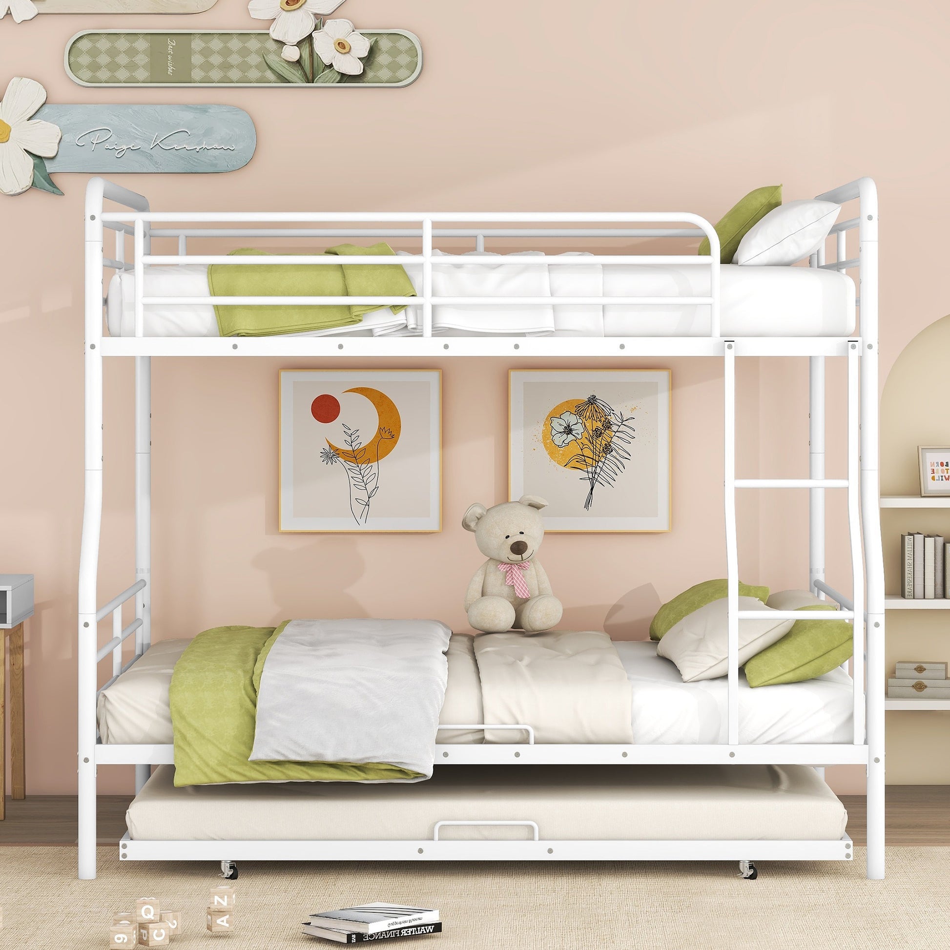 Full Xl Over Queen Metal Bunk Bed With Twin Size Trundle, White White Iron