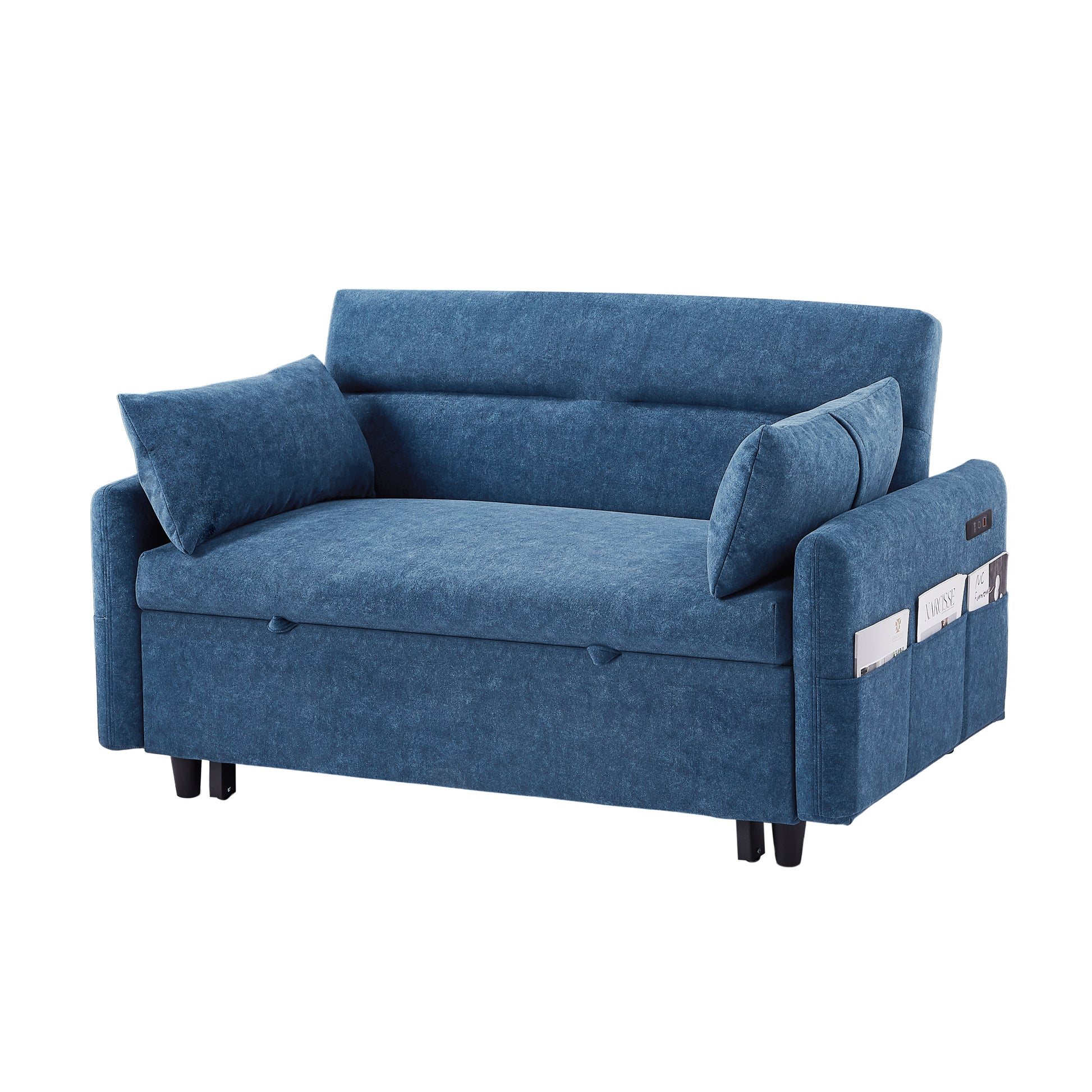 55.1" Pull Out Sleep Sofa Bed Loveseats Sofa Couch With Adjsutable Backrest, Storage Pockets, 2 Soft Pillows, Usb Ports For Living Room, Bedroom, Apartment, Office, Blue Old Sku: Wf315689Aac Blue Foam Microfiber 2 Seat