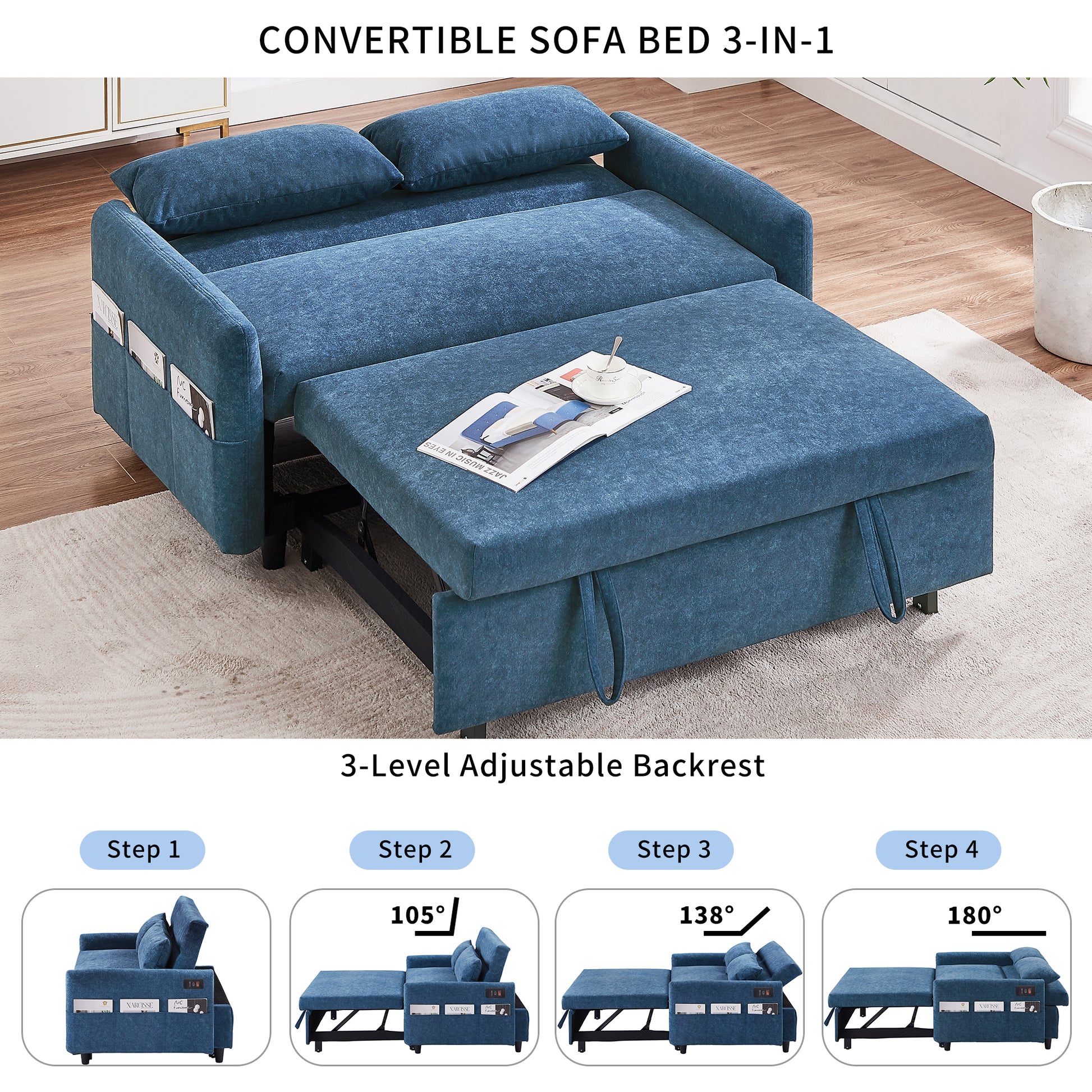 55.1" Pull Out Sleep Sofa Bed Loveseats Sofa Couch With Adjsutable Backrest, Storage Pockets, 2 Soft Pillows, Usb Ports For Living Room, Bedroom, Apartment, Office, Blue Old Sku: Wf315689Aac Blue Foam Microfiber 2 Seat