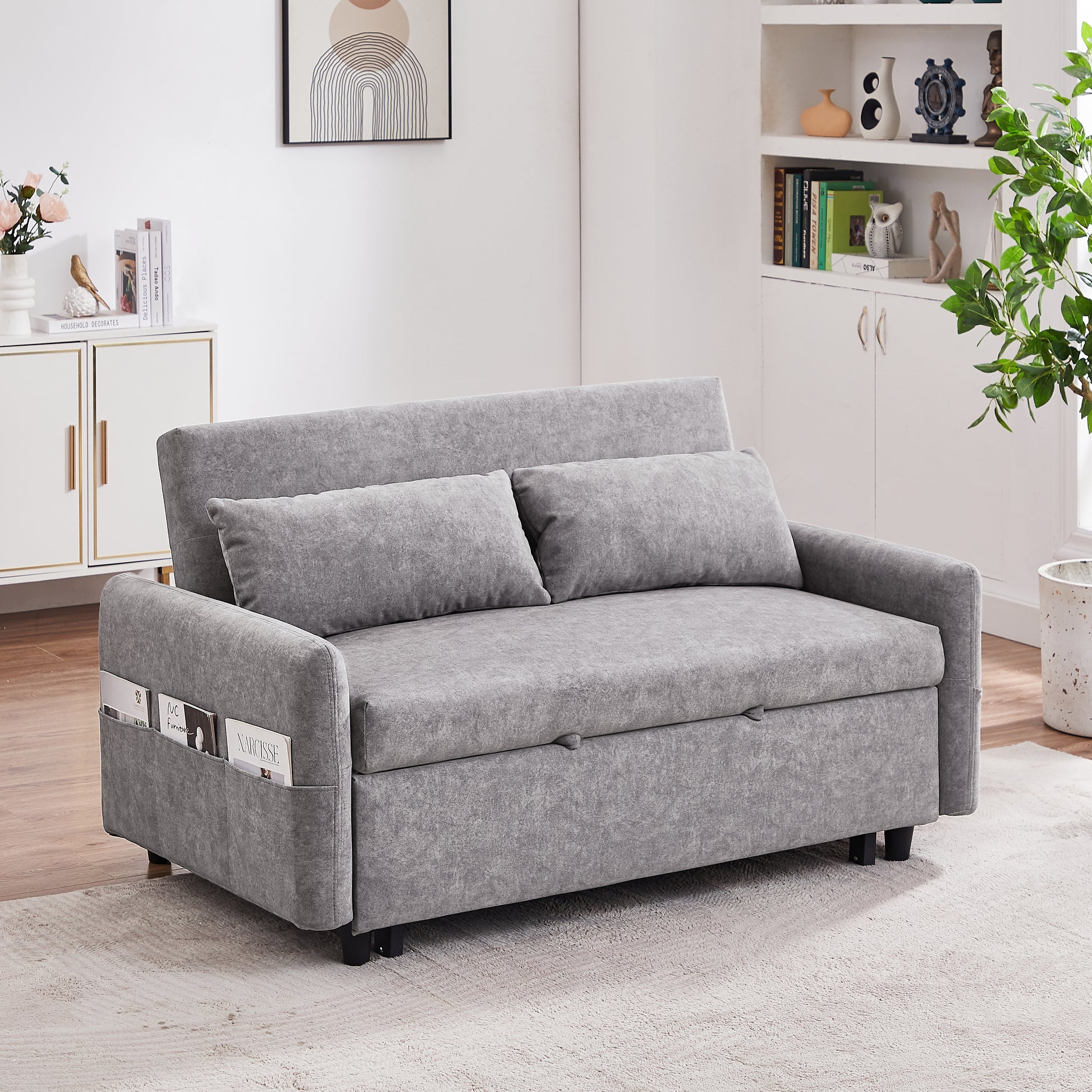 55.1" Pull Out Sleep Sofa Bed Loveseats Sofa Couch With Adjsutable Backrest, Storage Pockets, 2 Soft Pillows, Usb Ports For Living Room, Bedroom, Apartment, Office,Grey Old Sku:Wf315689Aae Grey Foam Microfiber 2 Seat