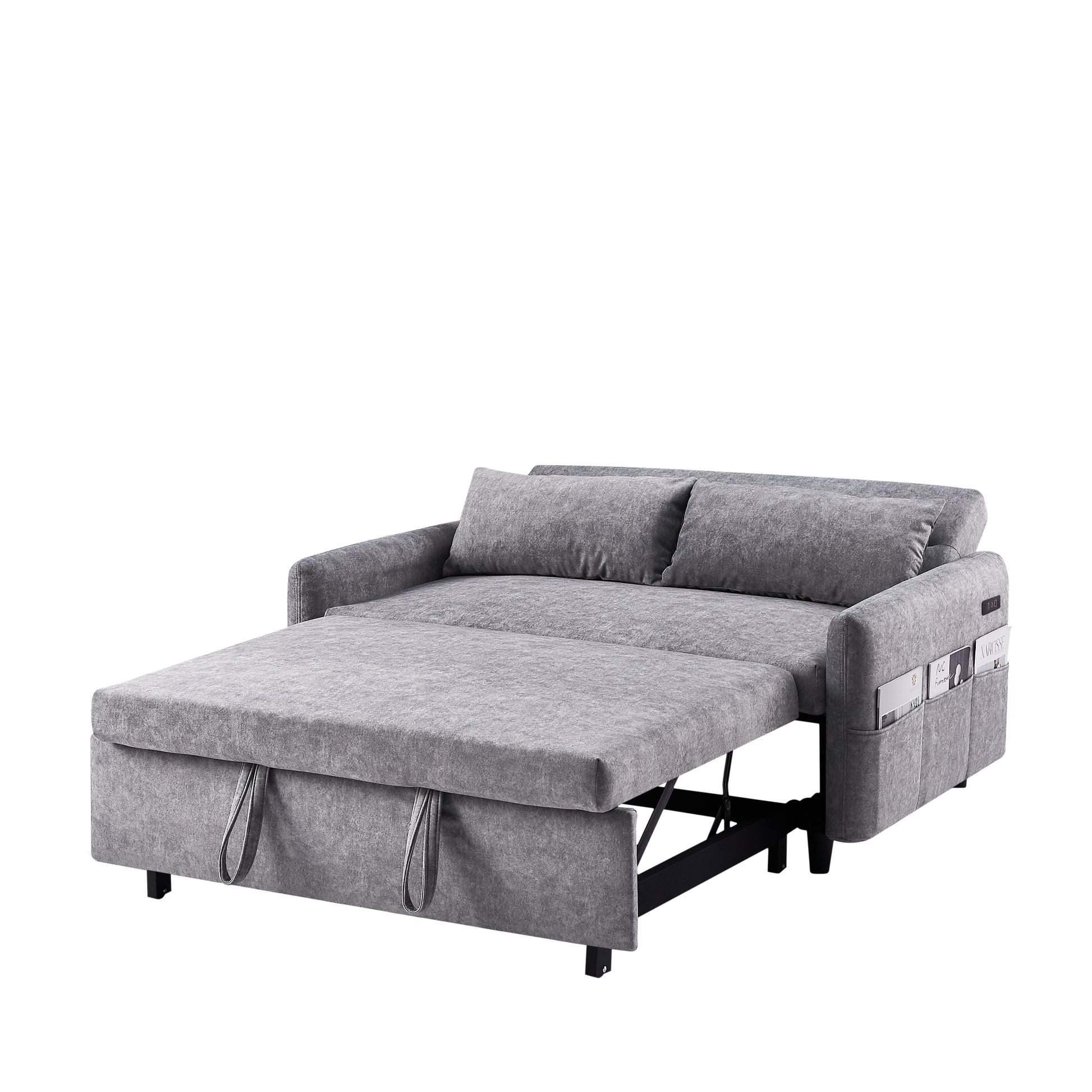 55.1" Pull Out Sleep Sofa Bed Loveseats Sofa Couch With Adjsutable Backrest, Storage Pockets, 2 Soft Pillows, Usb Ports For Living Room, Bedroom, Apartment, Office,Grey Old Sku:Wf315689Aae Grey Foam Microfiber 2 Seat