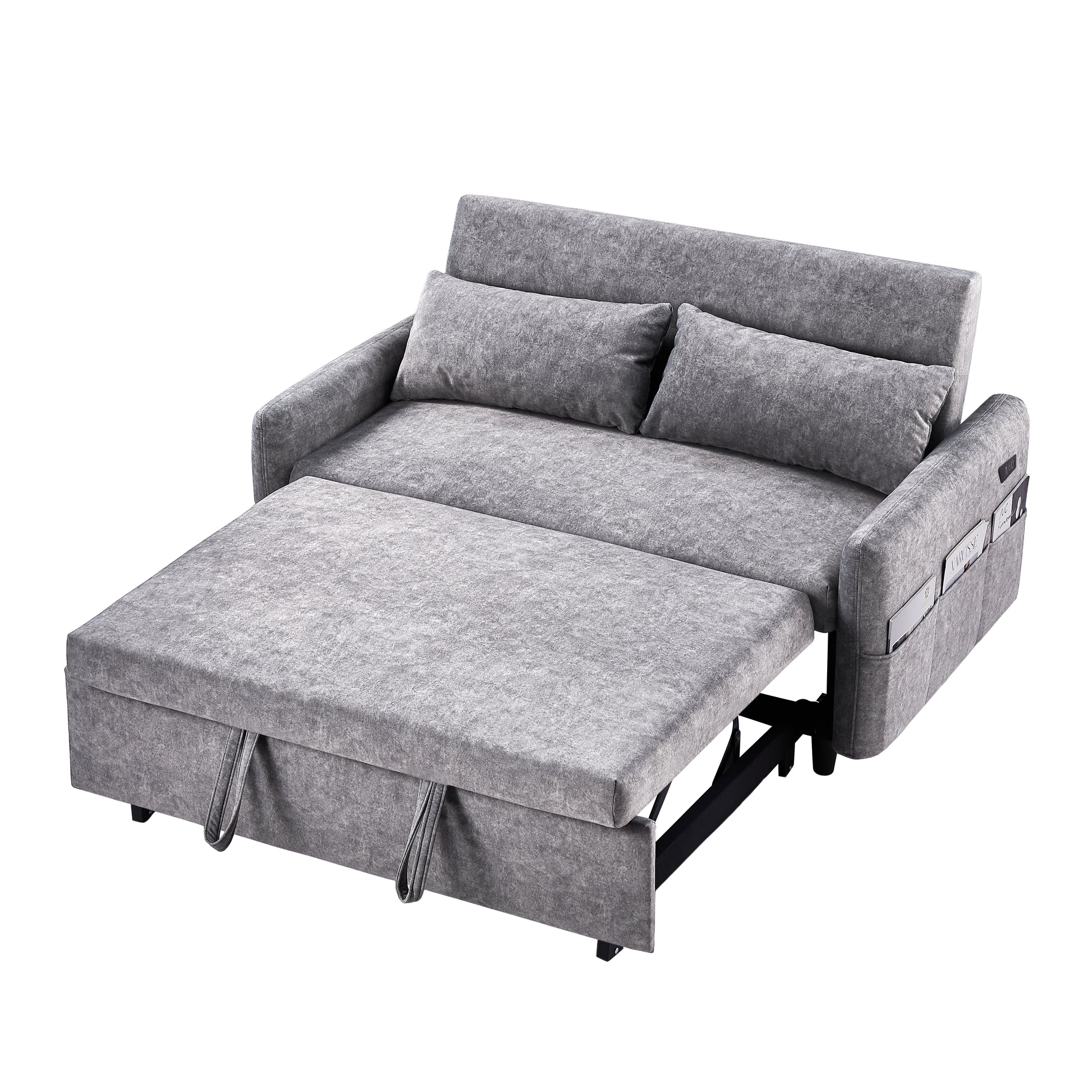 55.1" Pull Out Sleep Sofa Bed Loveseats Sofa Couch With Adjsutable Backrest, Storage Pockets, 2 Soft Pillows, Usb Ports For Living Room, Bedroom, Apartment, Office,Grey Old Sku:Wf315689Aae Grey Foam Microfiber 2 Seat