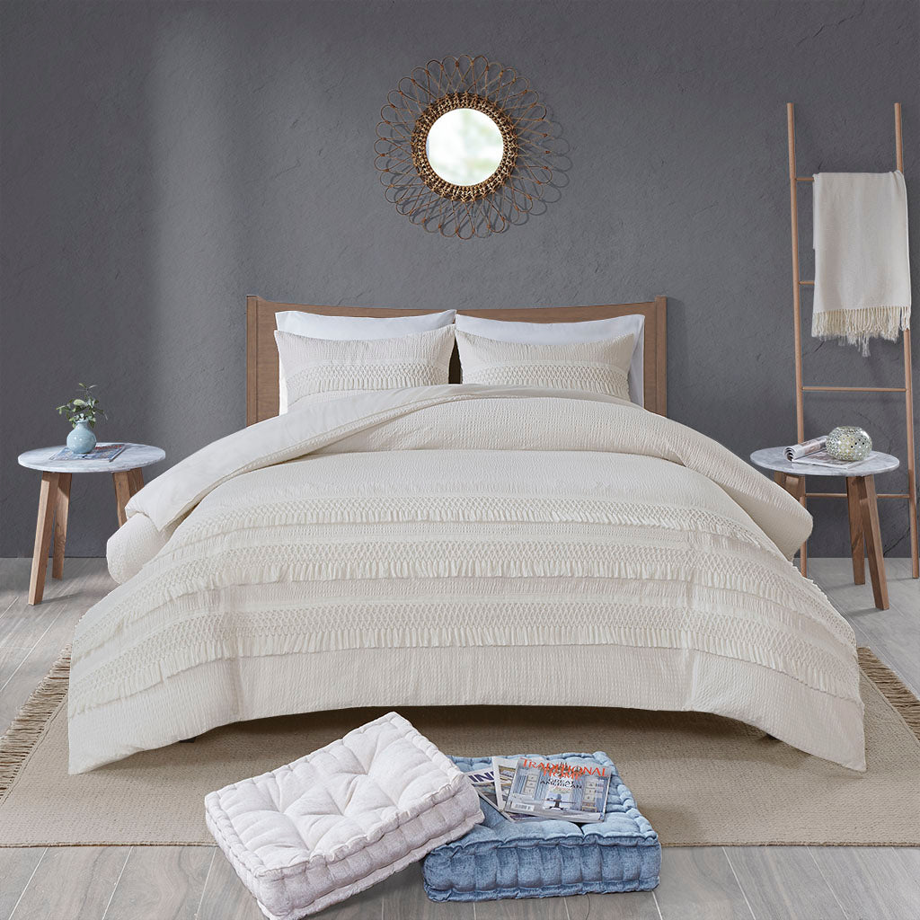 3 Piece Cotton Seersucker Comforter Set Ivory Cotton