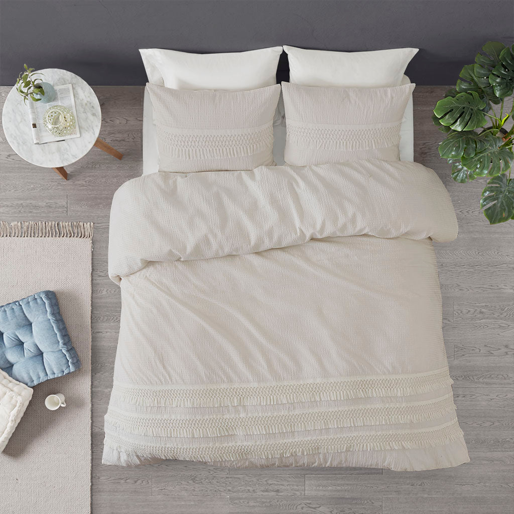 3 Piece Cotton Seersucker Comforter Set Ivory Cotton