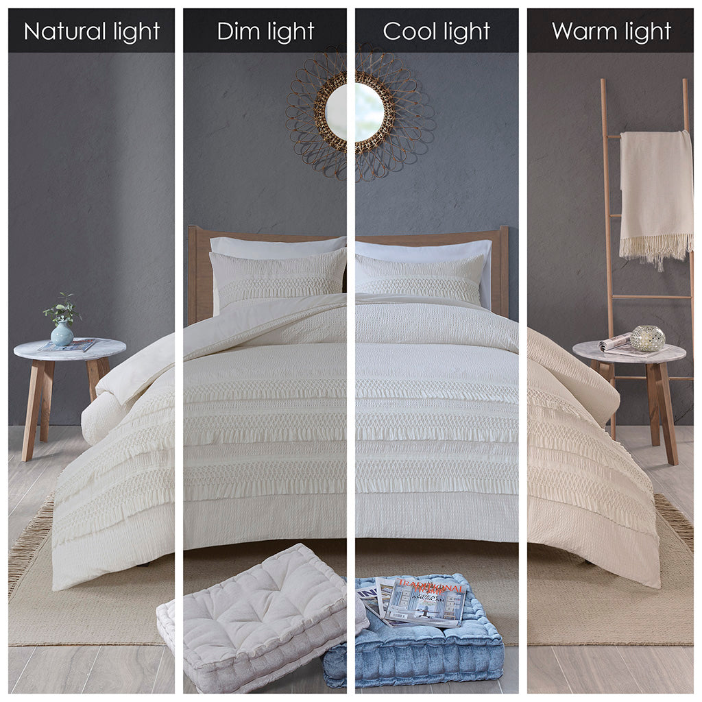 3 Piece Cotton Seersucker Comforter Set Ivory Cotton