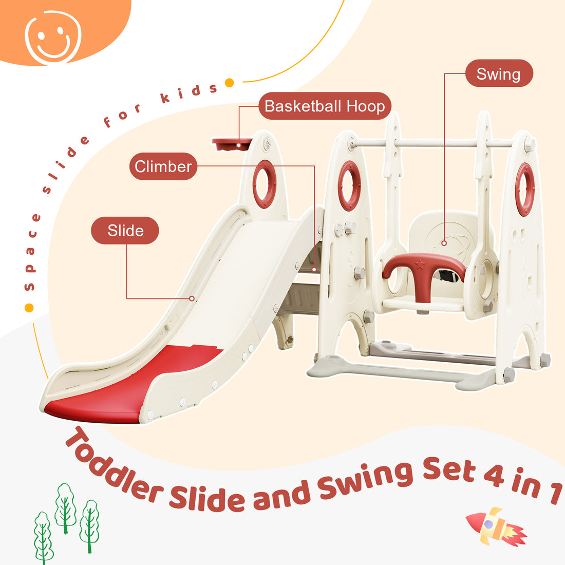4 In 1 Toddler Slide And Swing Set, Kids Playground Climber Slide Playset With Basketball Hoop,Freestanding Combination For Babies Red 50 99 Lbs Hdpe Indoor & Outdoor Use