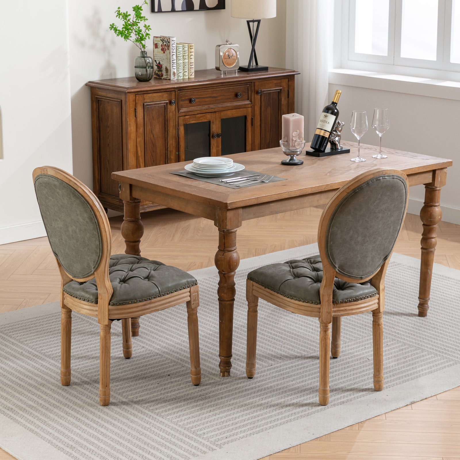French Style Solid Wood Frame Antique Painting,Hand Pulled Buckle Decoration Pu Artificial Leather Dining Chair With Trim ,Wood Legs,Set Of 2,White Pine Green,Sw1839Wp Olive Green Dining Room American Design Dining Chairs Rubberwood Set Of 2 Foam Pu