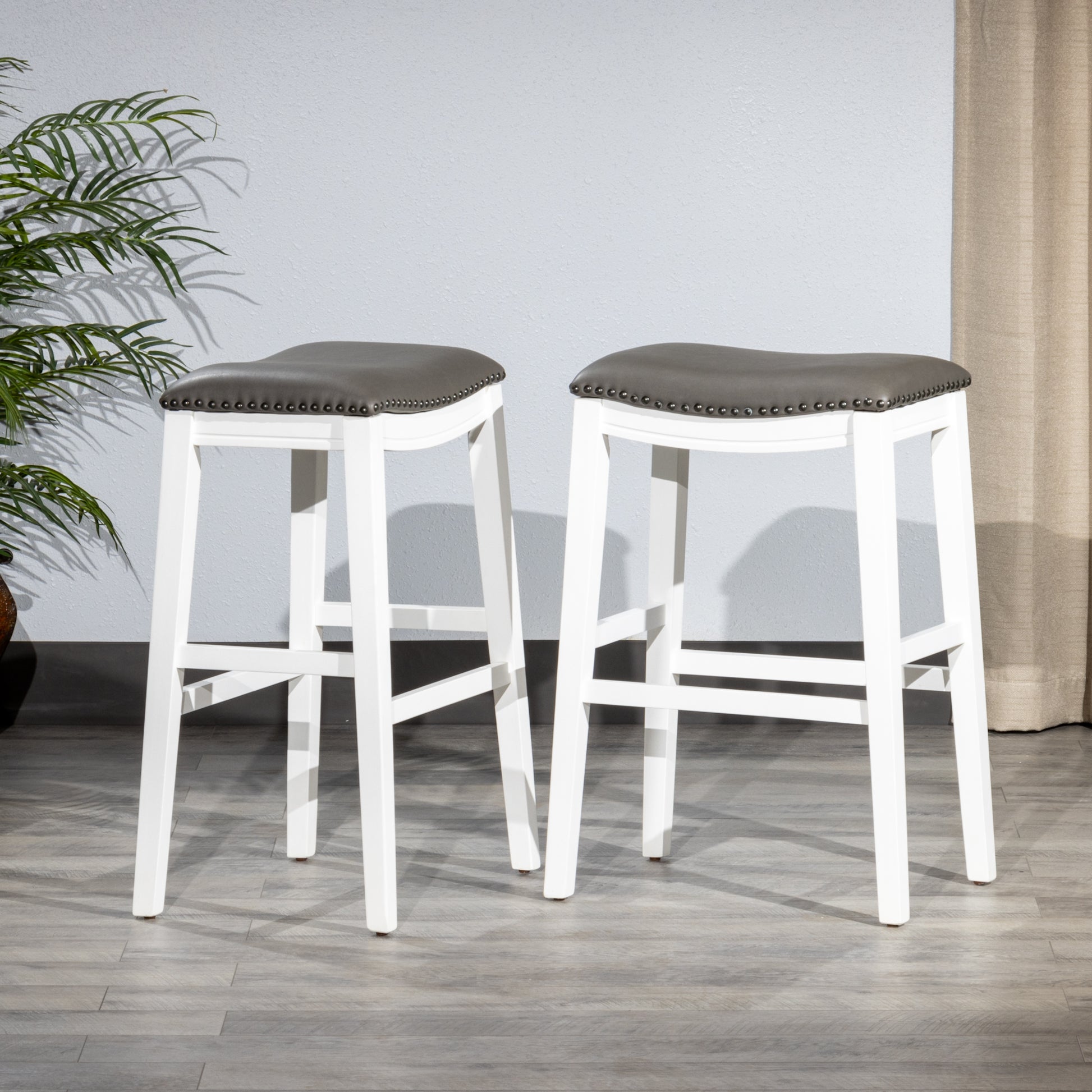 Saddle Stool, 29" Barstool, White Dark Gray Pu, Set Of 2 White Wood