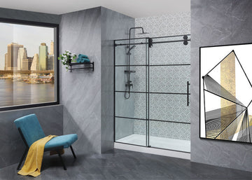 Frameless Glass Shower Door Adjustable 56 60 In.W Black Sliding Shower Door,Certified Thick Clear Clear Tempered Glass,304 Stainless Steel Hardware Matt Black Stainless Steel
