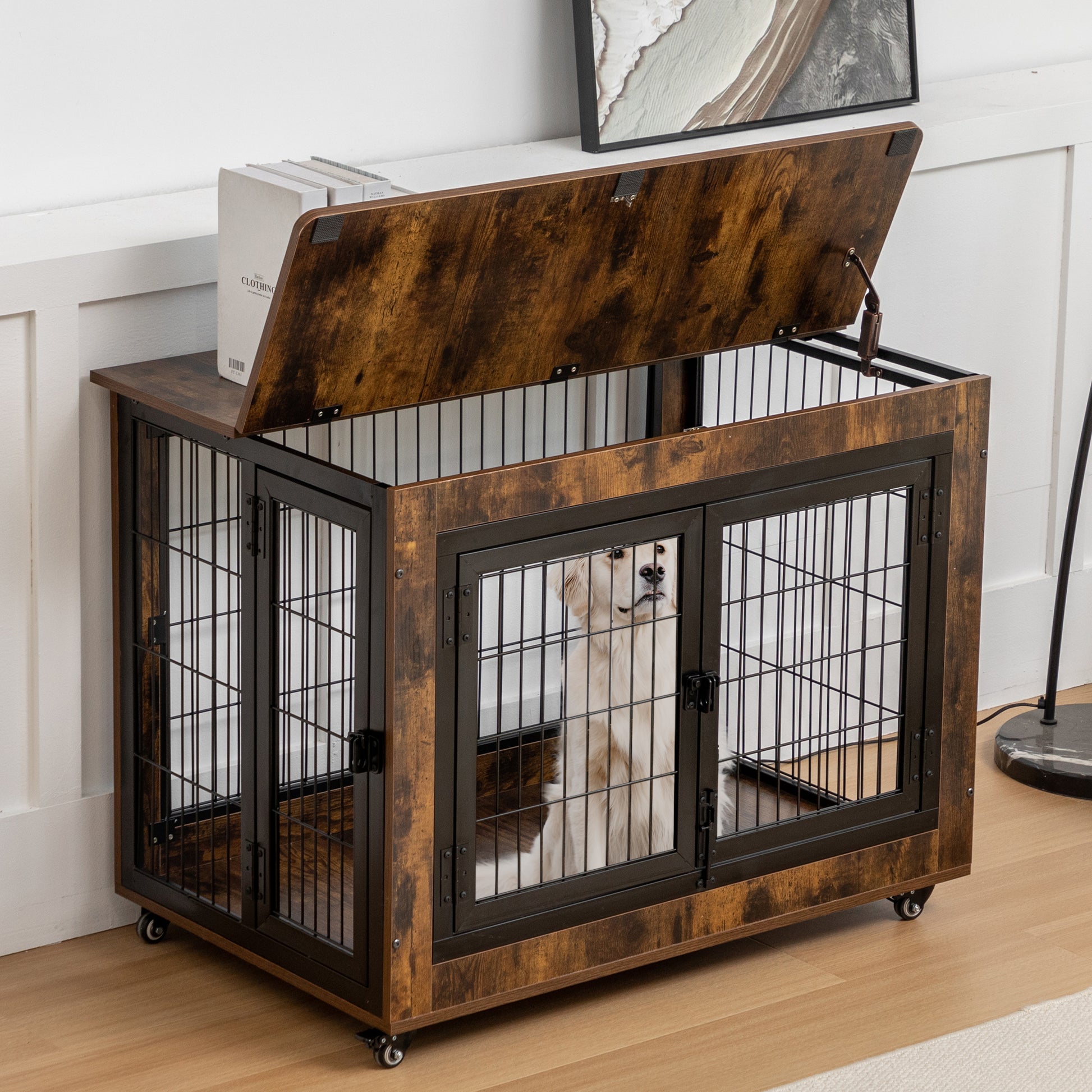 Dog Crate Furniture, Large Dog Kennel, 38"Wooden Pet Furniture With Pull Out Tray, Home And Indoor Use, Double Door Modern Side End Table For Medium Large Small Dog Brown Mdf Steel
