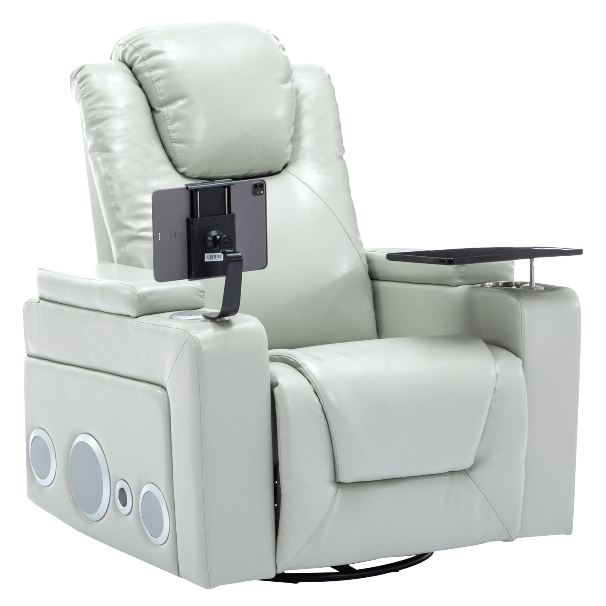 270 Degree Swivel Pu Leather Power Recliner Individual Seat Home Theater Recliner With Surround Sound, Cup Holder, Removable Tray Table, Hidden Arm Storage For Living Room, Grey Grey Foam Pu Leather