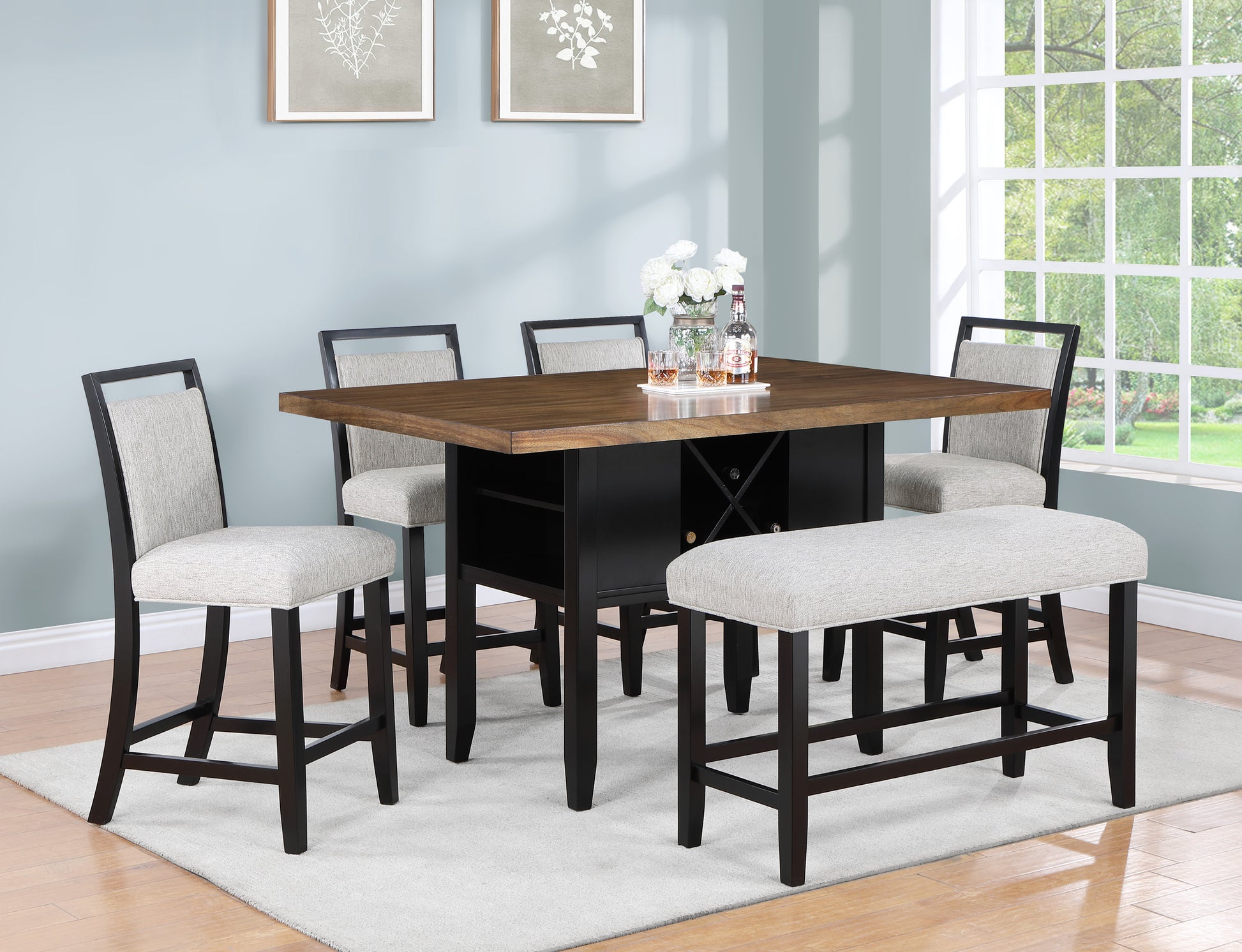 1Pc Farmhouse Contemporary Counter Height Black Finish Gray Fabric Upholstered Bench Wooden Dining Room Furniture Black Rectangular Grey Contemporary,Farmhouse Wood