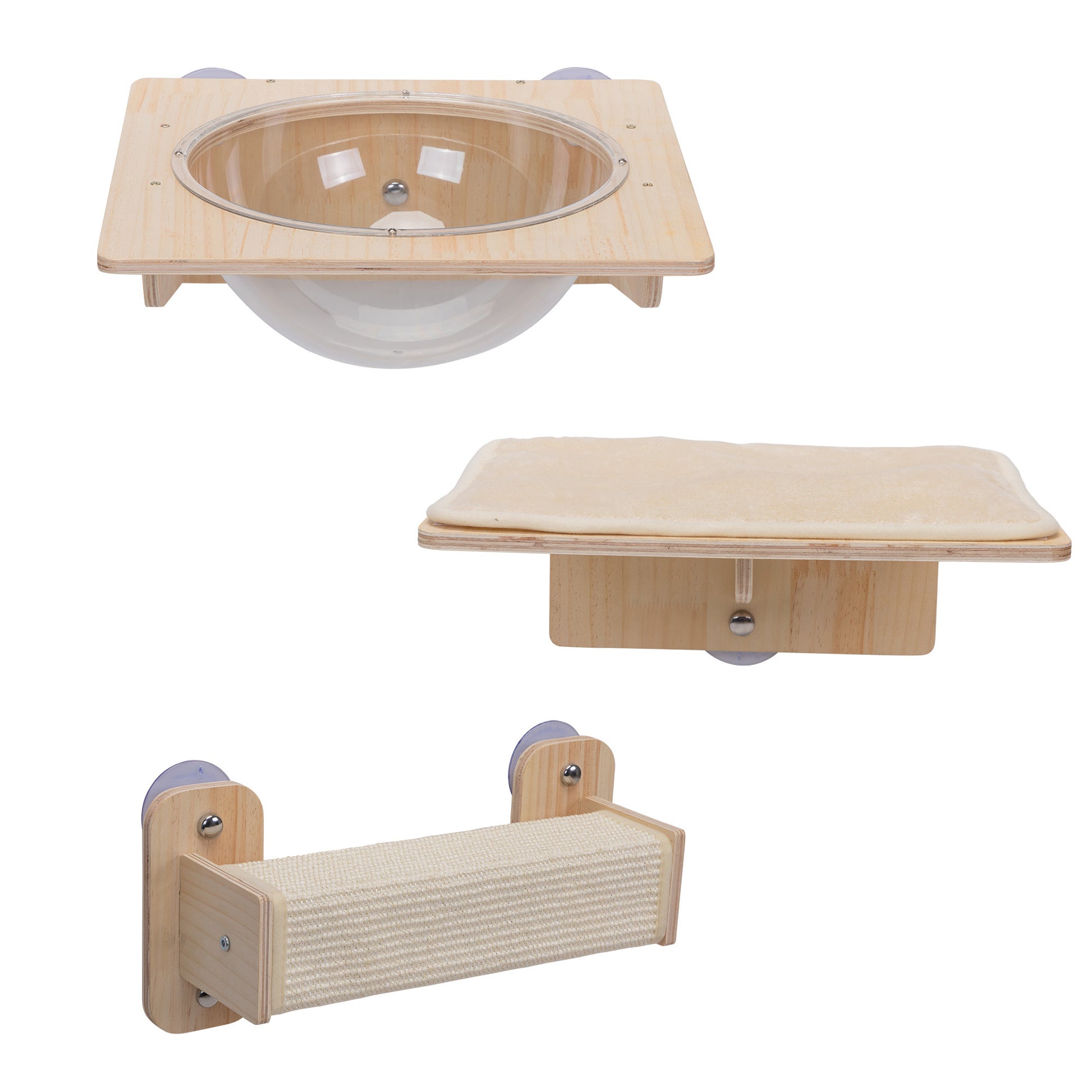Wall Mounted Cat Tree, Cat Wall Furniture With Capsule Bed, Cushioned Shelf, Scratcher, Floating Wood Cat Tree For Indoor Cats Kitties, 3 Pcs Natural Plywood