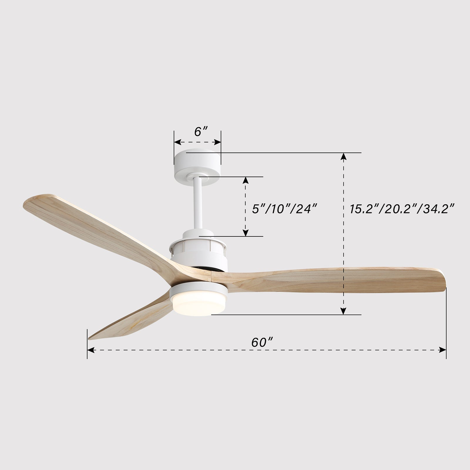 60 Inch Modern Remote Control, 3 Solid Wood Blades, Suitable For Indoor And Outdoor White Metal & Wood