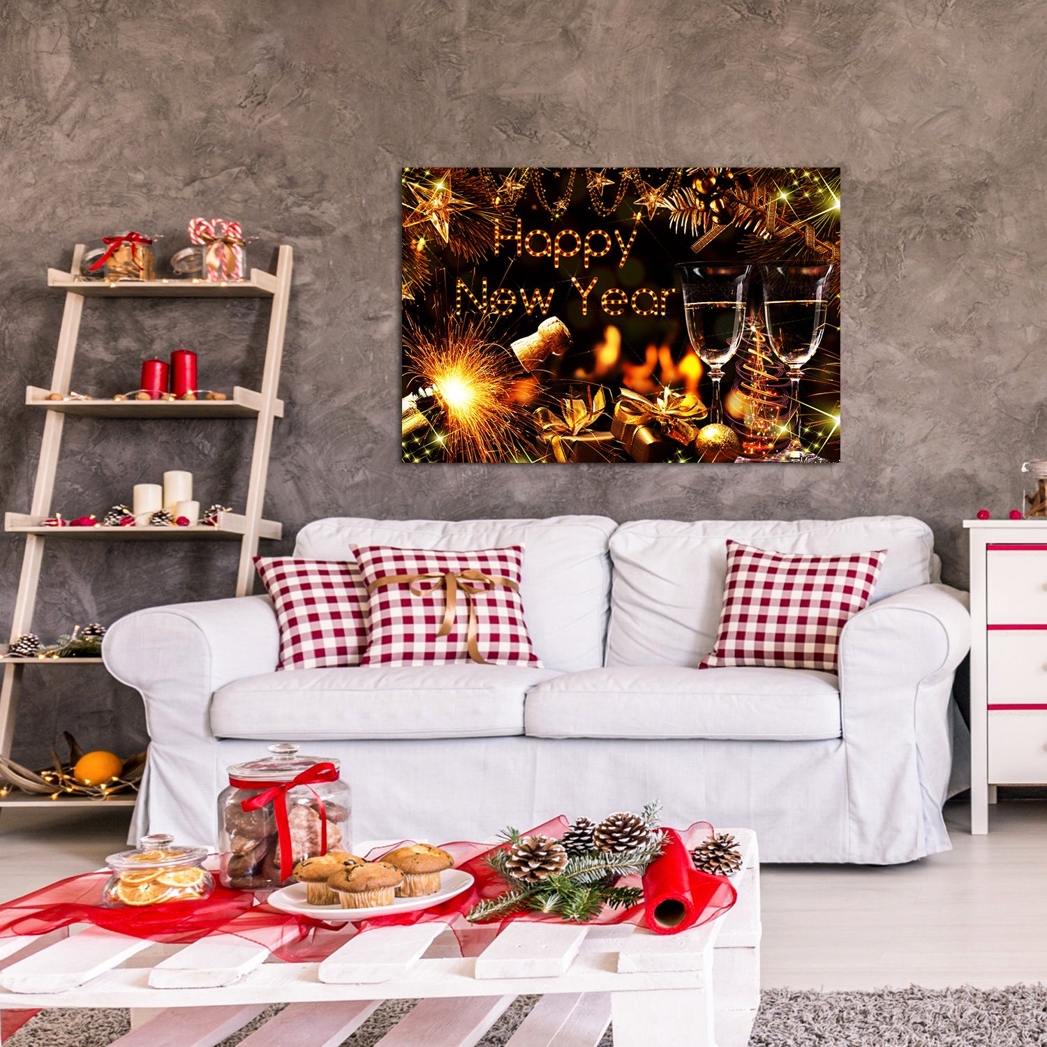 1Pcs Framed Canvas Wall Art Decor Painting For Year, Golden Happy Year Bless Champagne Gift Painting For Year Gift, Decoration For Chrismas Eve Office Living Room 4028In Thickness 1.5Inch Rectangle Framed Multicolor Year'S Oversized 41In Canvas Cultures