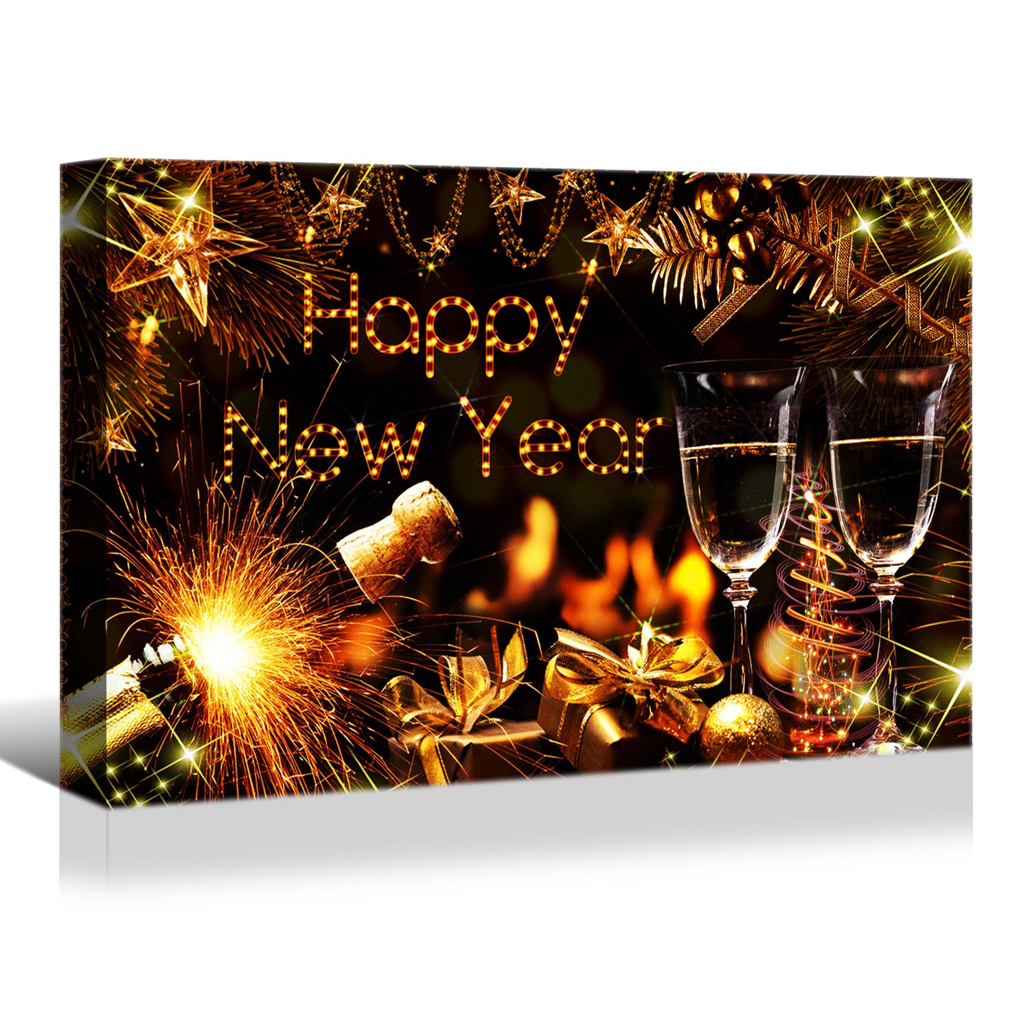 1Pcs Framed Canvas Wall Art Decor Painting For Year, Golden Happy Year Bless Champagne Gift Painting For Year Gift, Decoration For Chrismas Eve Office Living Room 2418In Thickness 1.5Inch Rectangle Framed Multicolor Year'S Oversized 41In Canvas Cultures