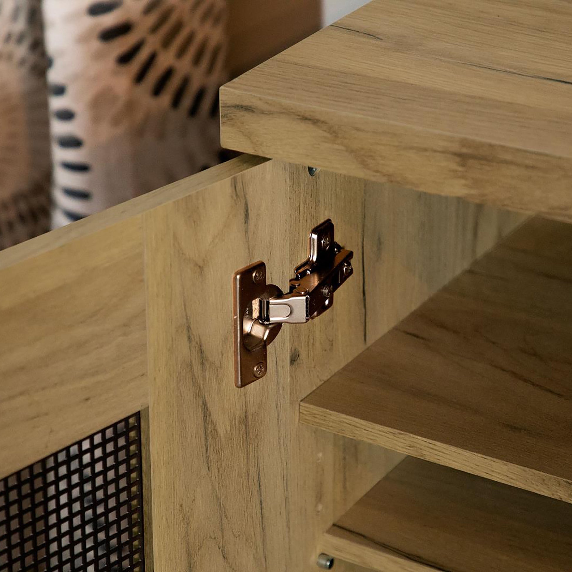 Golden Oak And Black Mesh Door Accent Cabinet Standard 5 Or More Shelves Oak Brown Light Brown Primary Living Space Adjustable Shelves Farmhouse,Rustic Wood