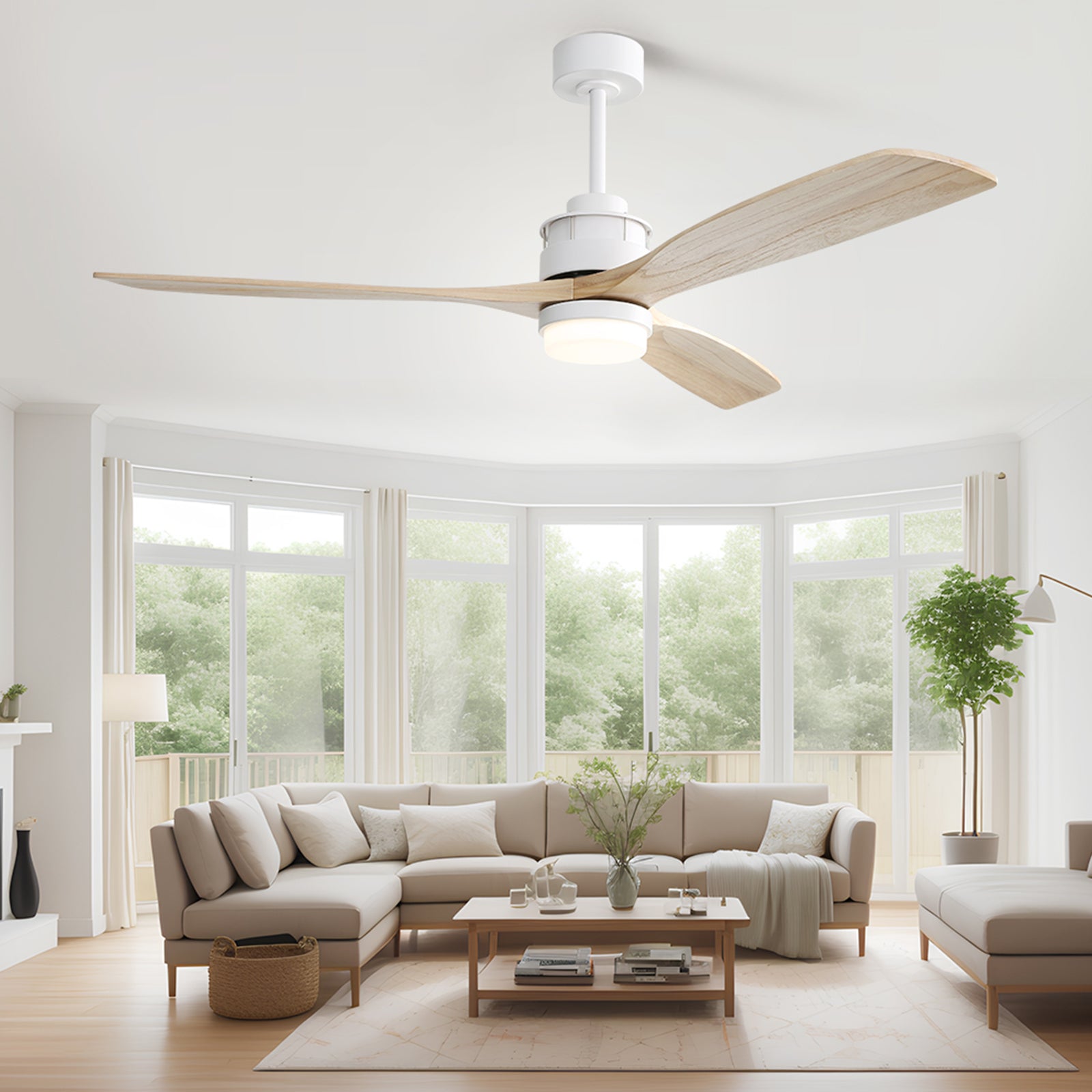 60 Inch Modern Remote Control, 3 Solid Wood Blades, Suitable For Indoor And Outdoor White Metal & Wood