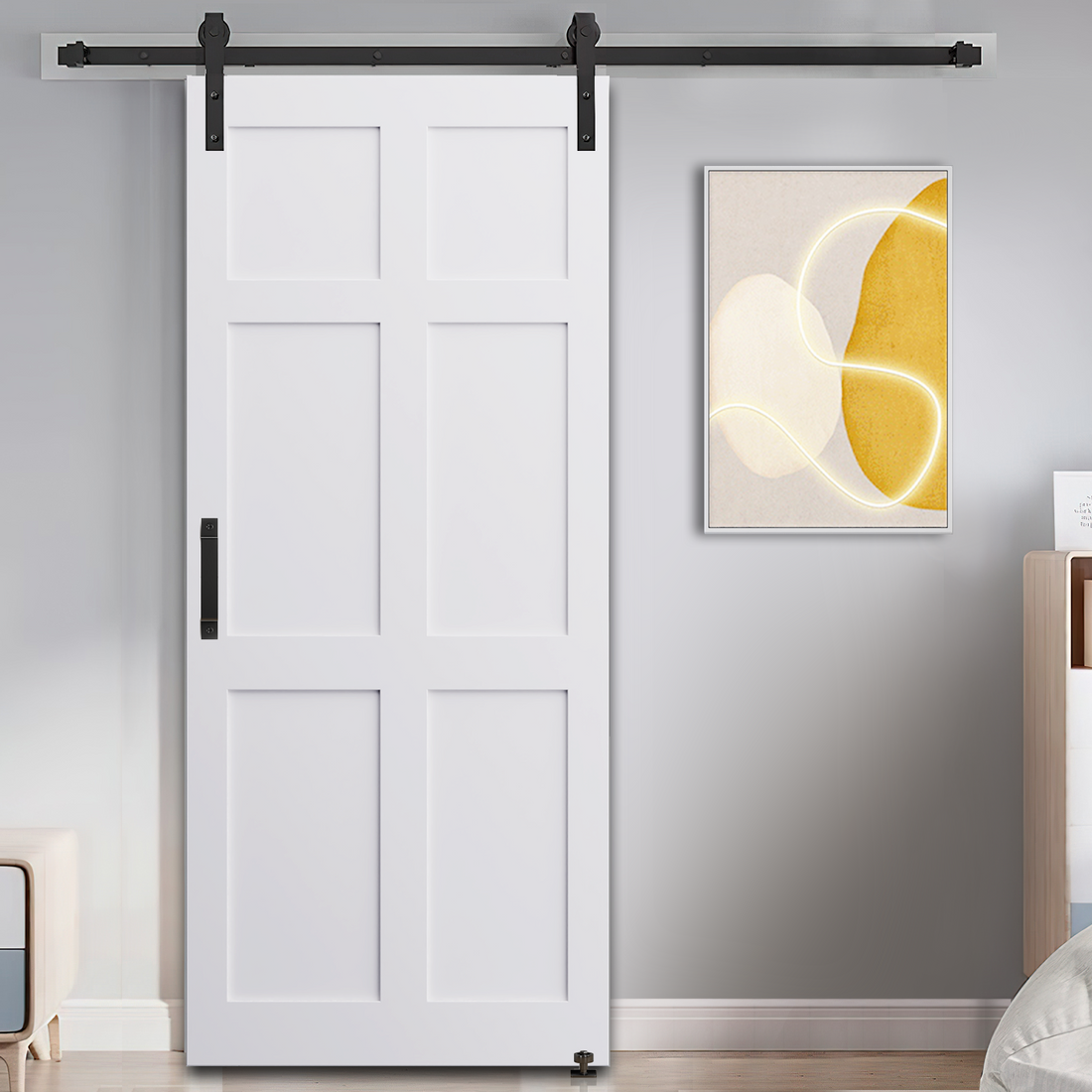 28" X 84" Six Paneled Real Primed Door Slab 6.6Ft Barn Door Sliding Hardware Adjustable Floor Guider Pull Handle, Diy Unfinished Paneled Door, Modern Interior Barn Door, Water Proof White Mdf