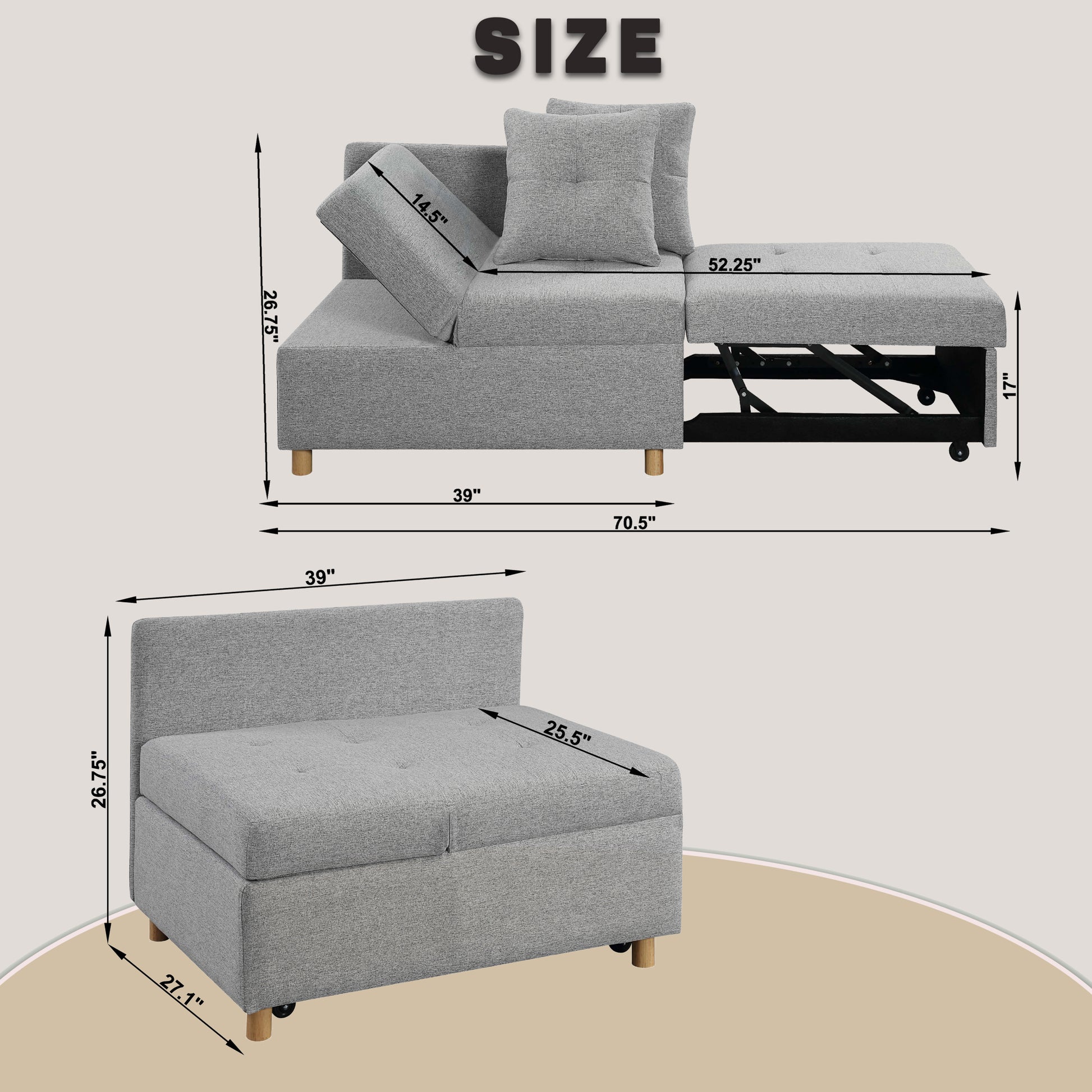 4 In 1 Convertible Sofas & Couches, Single Extendable Sofa With 6 Position Adjustable Back, Sofa Bed With 2 Pillows, Light Gray Light Gray Linen Armless Wood Fabric 1 Seat