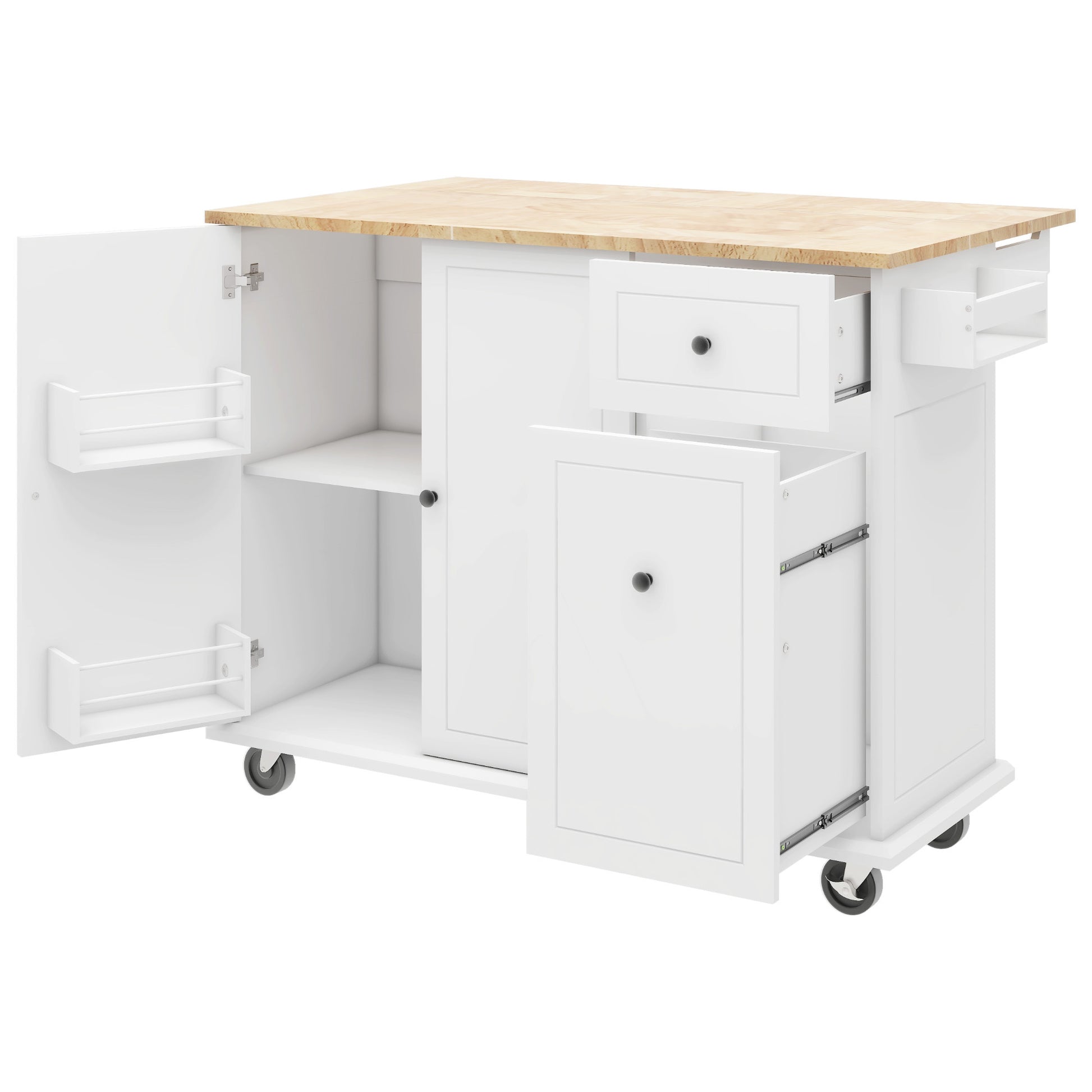 Kitchen Island With Drop Leaf, 53.9" Width Rolling Kitchen Cart On Wheels With Internal Storage Rack And 3 Tier Pull Out Cabinet Organizer, Kitchen Storage Cart With Spice Rack, Towel Rack White White Kitchen Classic,European,Modern Rectangular Kitchen