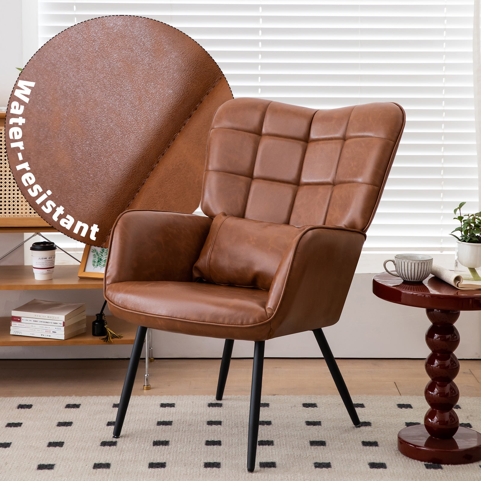 Bonded Leather Armchair, Modern Accent Chair High Back, Living Room Chairs With Metal Legs And Soft Padded, Sofa Chairs For Home Office,Bedroom,Dining Room Brown 1Pc Brown Bonded Leather