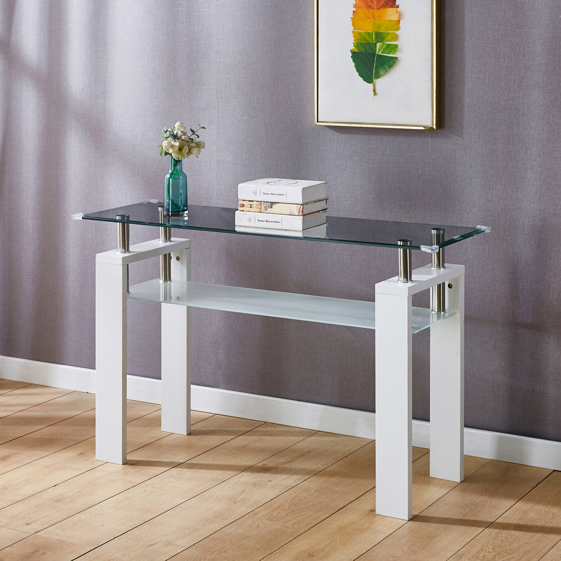 White Mdf Console Table, Tempered Glass Top, Modern Foyer Area Table White Mdf