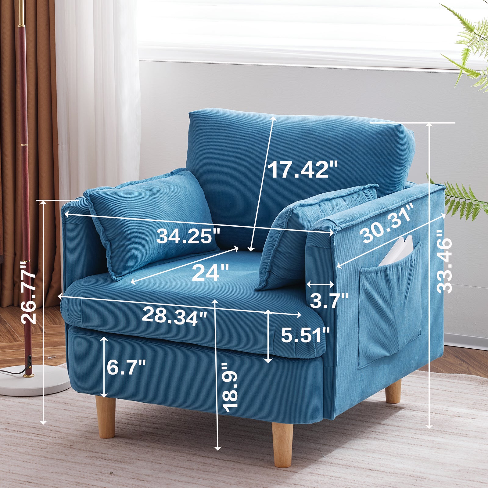 29.5 "W Modern Fabric Decorative Chair Armchair Upholstered Reading Chair Single Sofa Casual Club Chair With Solid Wooden Feet And 2 Pillow, For Living Room, Bedroom, Bed Room, Office, Corduroy Fabric Blue Foam Corduroy