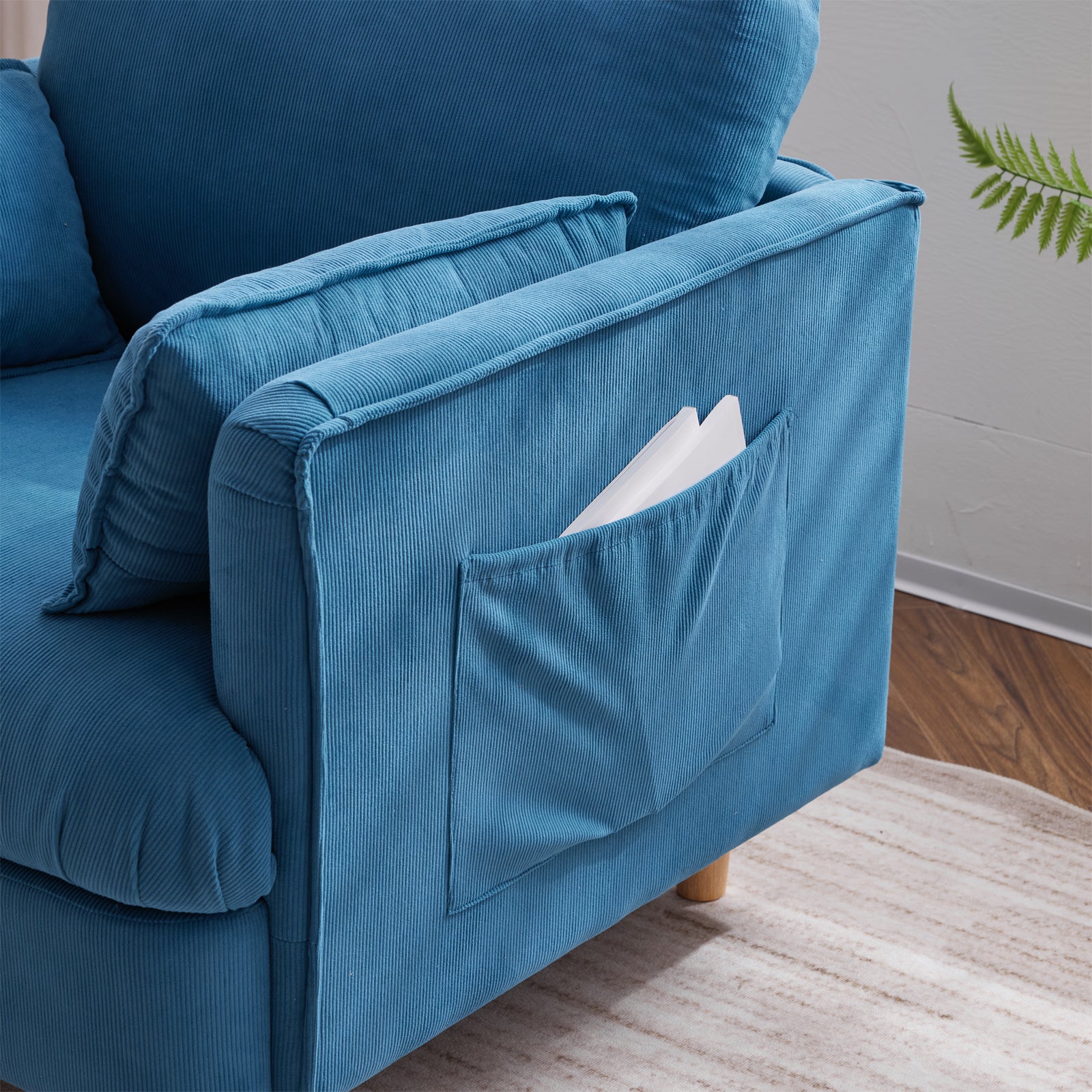 29.5 "W Modern Fabric Decorative Chair Armchair Upholstered Reading Chair Single Sofa Casual Club Chair With Solid Wooden Feet And 2 Pillow, For Living Room, Bedroom, Bed Room, Office, Corduroy Fabric Blue Foam Corduroy
