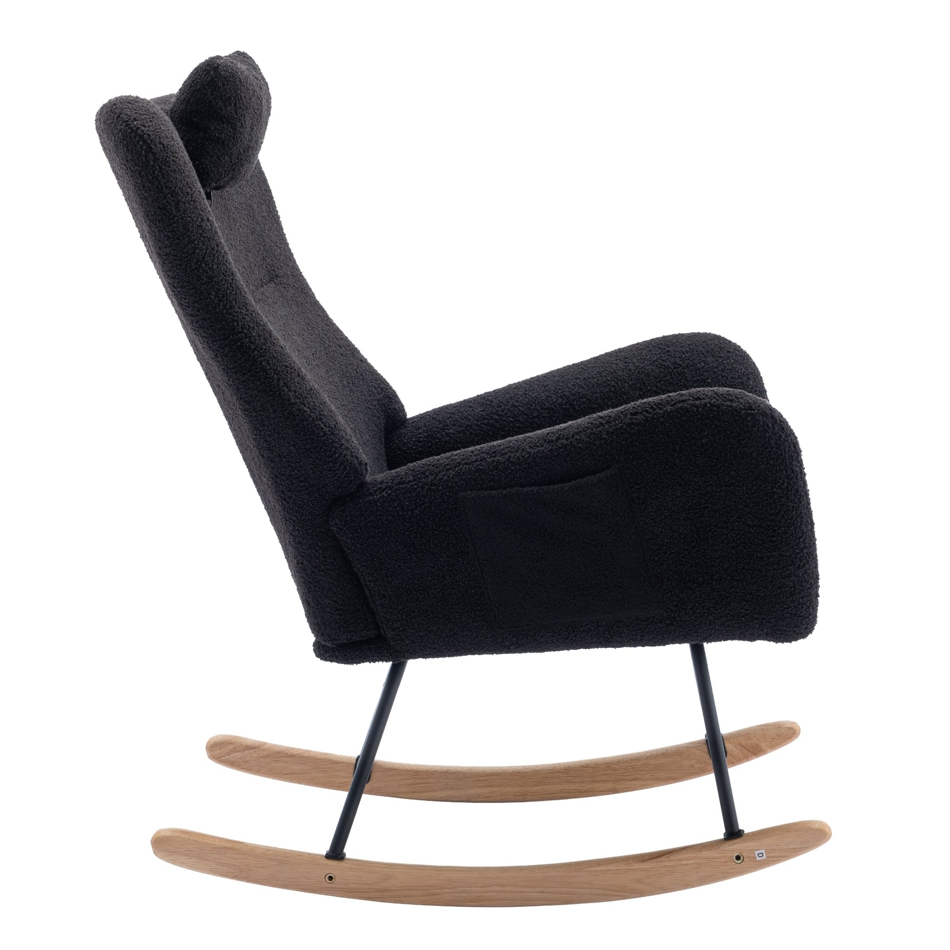 35.5 Inch Rocking Chair With Pocket, Soft Teddy Fabric Rocking Chair For Nursery, Comfy Wingback Glider Rocker With Safe Solid Wood Base For Living Room Bedroom Balcony Black Black Casual Foam Teddy