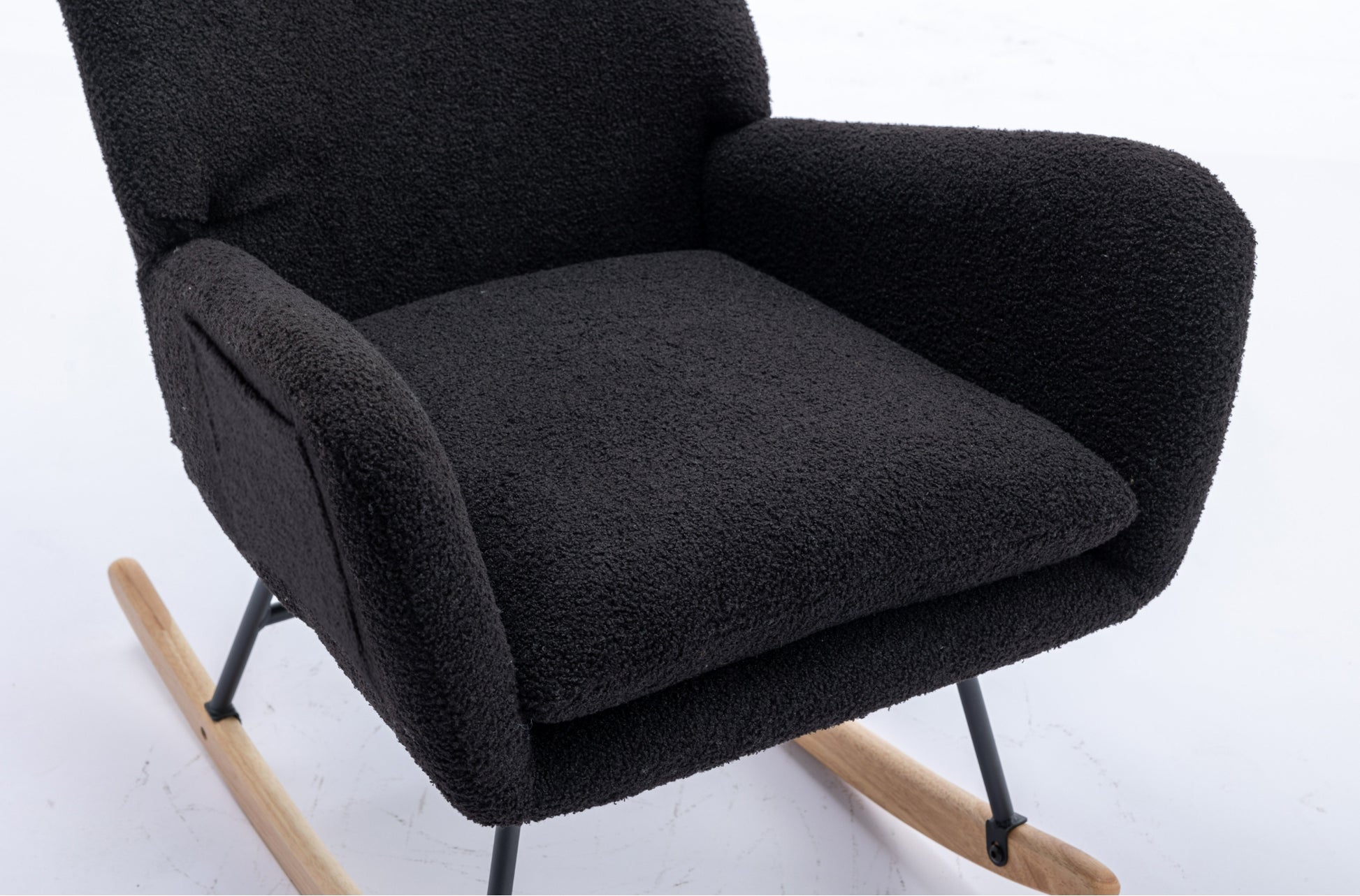 35.5 Inch Rocking Chair With Pocket, Soft Teddy Fabric Rocking Chair For Nursery, Comfy Wingback Glider Rocker With Safe Solid Wood Base For Living Room Bedroom Balcony Black Black Casual Foam Teddy