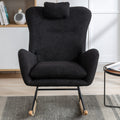 35.5 Inch Rocking Chair With Pocket, Soft Teddy Fabric Rocking Chair For Nursery, Comfy Wingback Glider Rocker With Safe Solid Wood Base For Living Room Bedroom Balcony Black Black Casual Foam Teddy