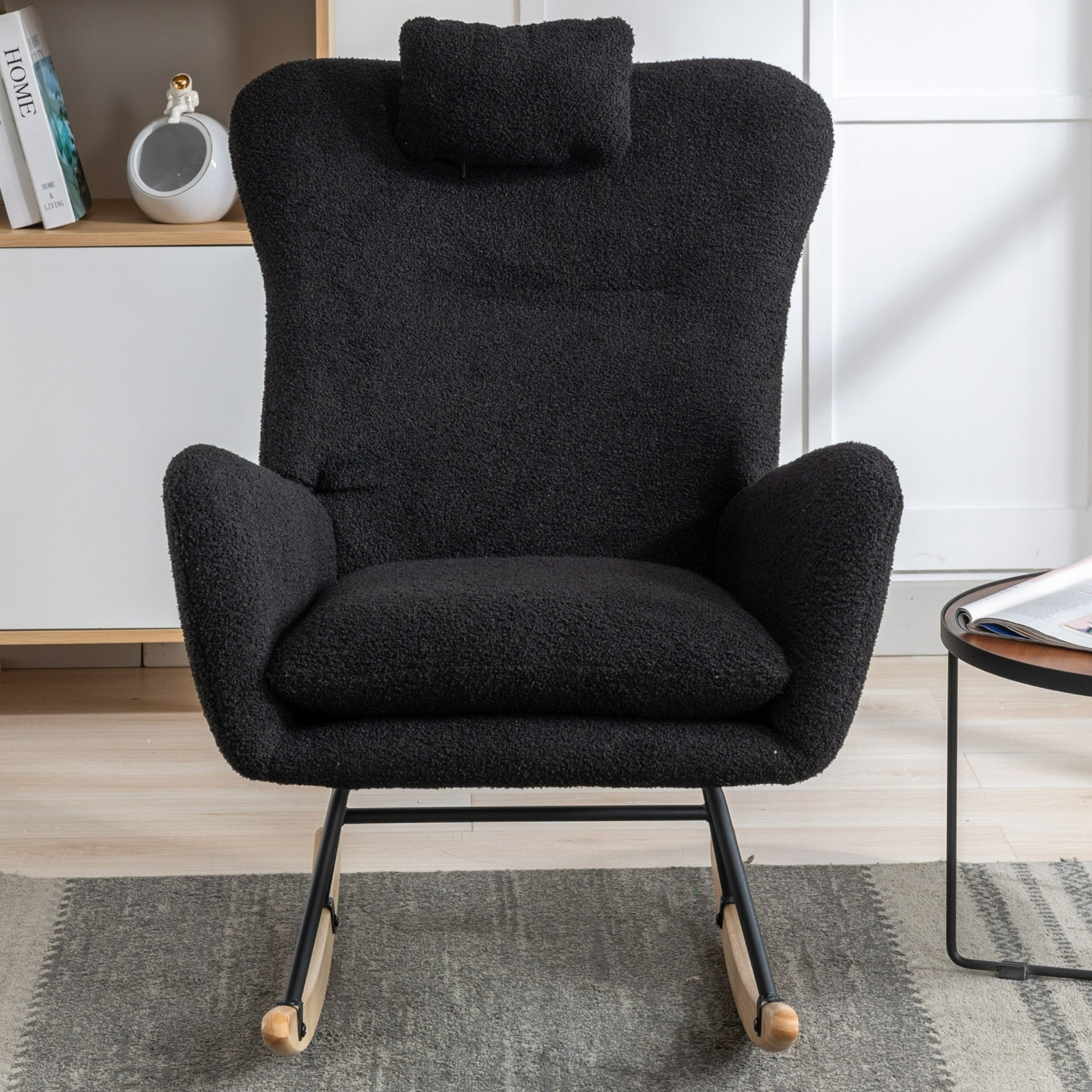 35.5 Inch Rocking Chair With Pocket, Soft Teddy Fabric Rocking Chair For Nursery, Comfy Wingback Glider Rocker With Safe Solid Wood Base For Living Room Bedroom Balcony Black Black Casual Foam Teddy