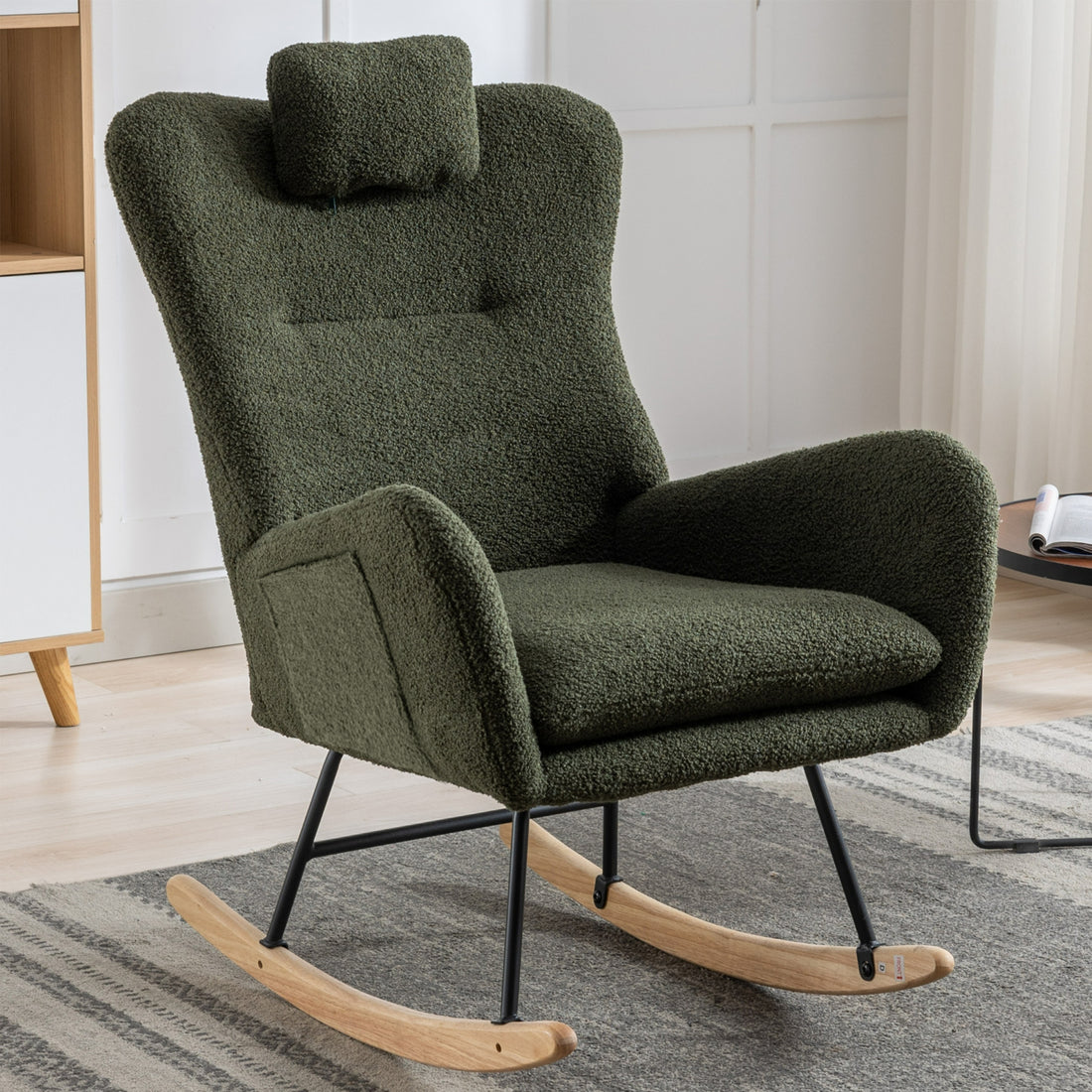 35.5 Inch Rocking Chair With Pocket, Soft Teddy Fabric Rocking Chair For Nursery, Comfy Wingback Glider Rocker With Safe Solid Wood Base For Living Room Bedroom Balcony Dark Green Dark Green Casual Foam Teddy