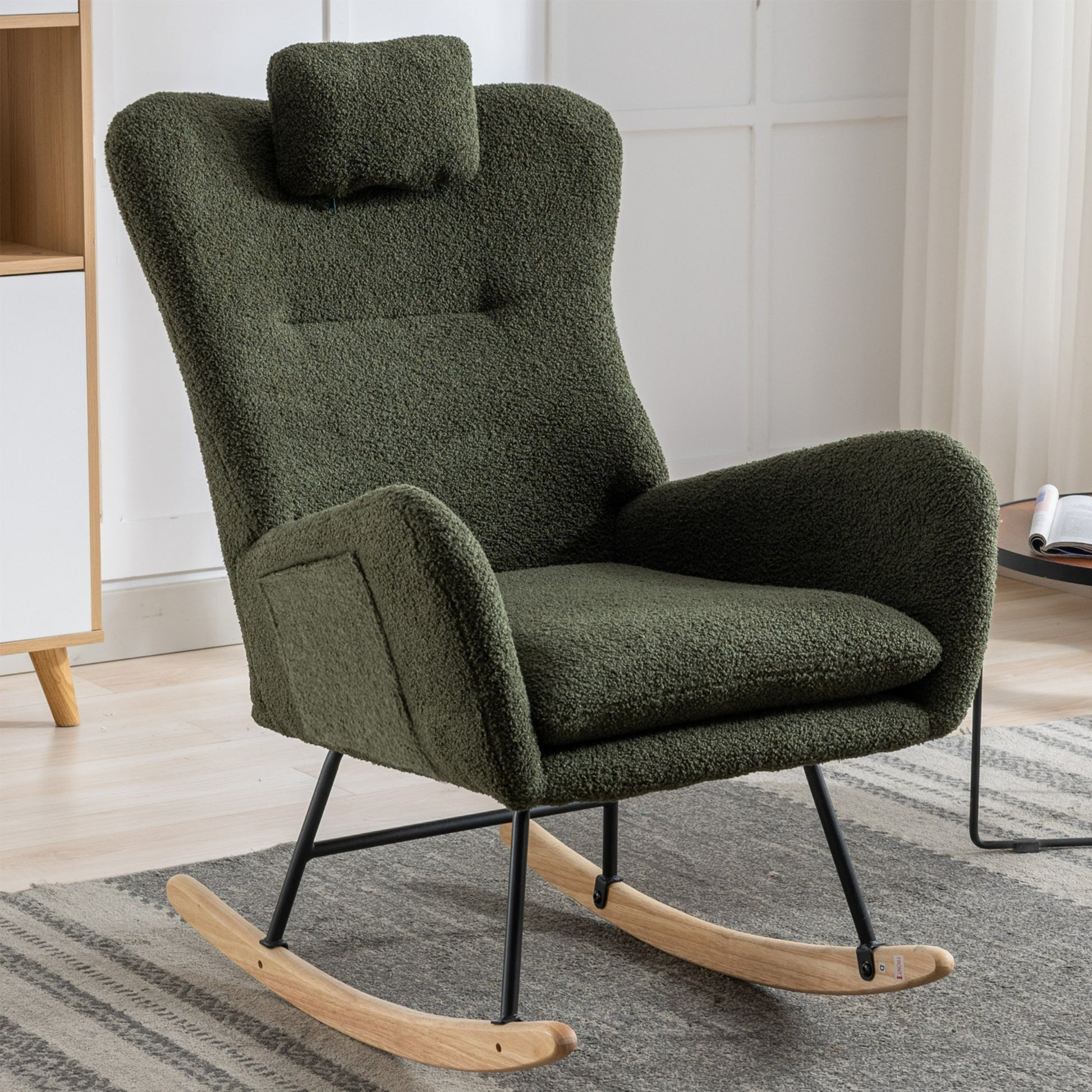 35.5 Inch Rocking Chair With Pocket, Soft Teddy Fabric Rocking Chair For Nursery, Comfy Wingback Glider Rocker With Safe Solid Wood Base For Living Room Bedroom Balcony Dark Green Dark Green Casual Foam Teddy