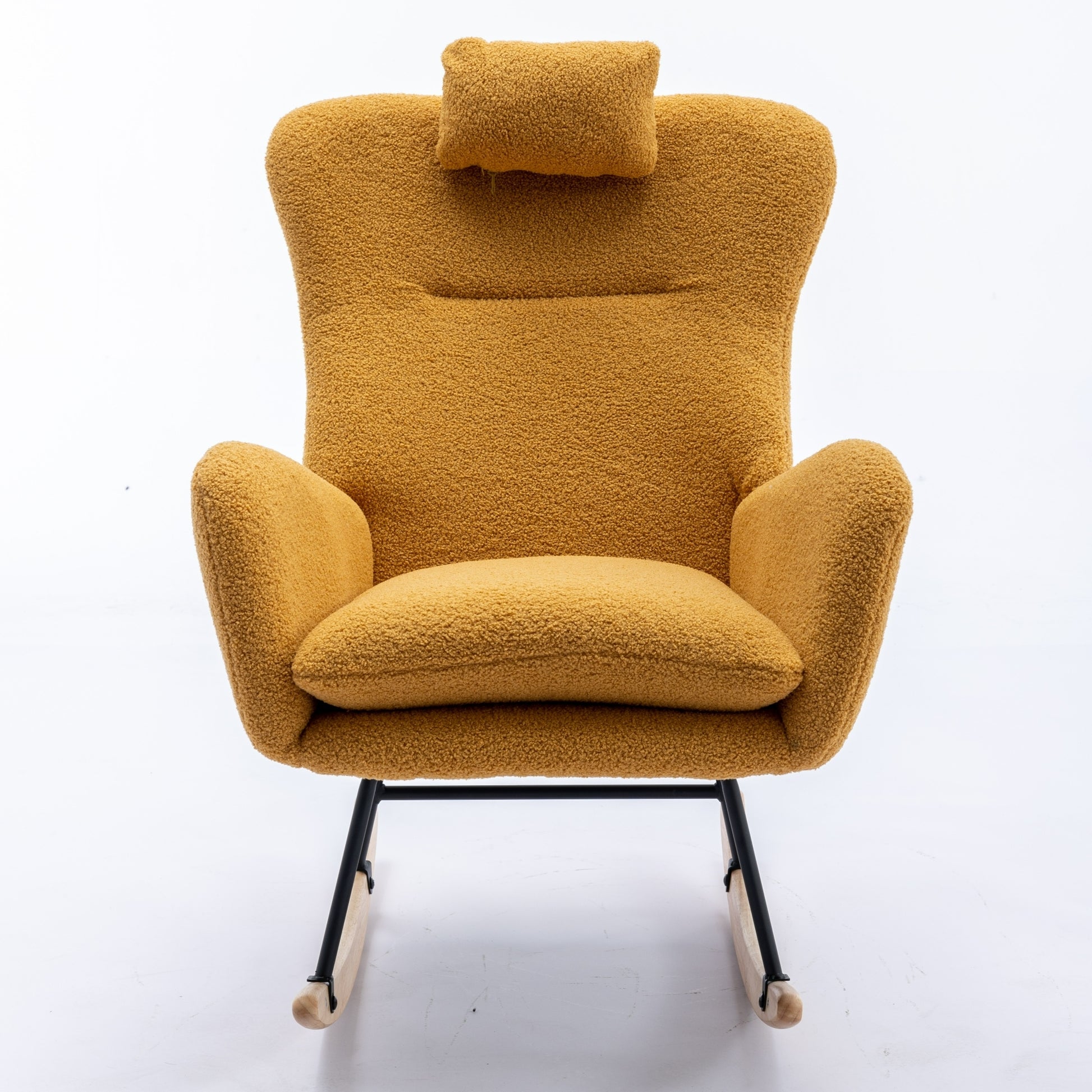 35.5 Inch Rocking Chair With Pocket, Soft Teddy Fabric Rocking Chair For Nursery, Comfy Wingback Glider Rocker With Safe Solid Wood Base For Living Room Bedroom Balcony Turmeric Yellow Casual Foam Teddy