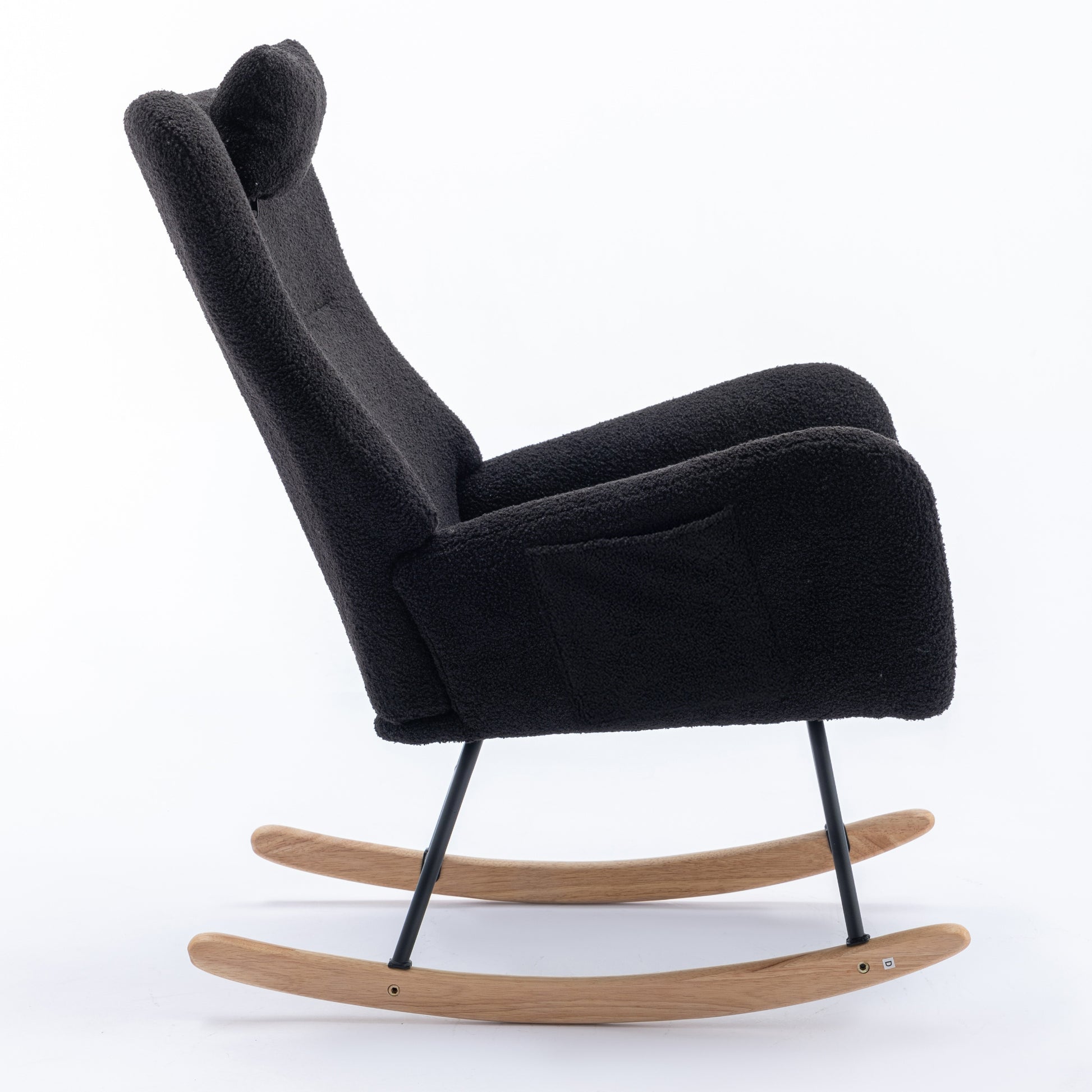 35.5 Inch Rocking Chair With Pocket, Soft Teddy Fabric Rocking Chair For Nursery, Comfy Wingback Glider Rocker With Safe Solid Wood Base For Living Room Bedroom Balcony Black Black Casual Foam Teddy