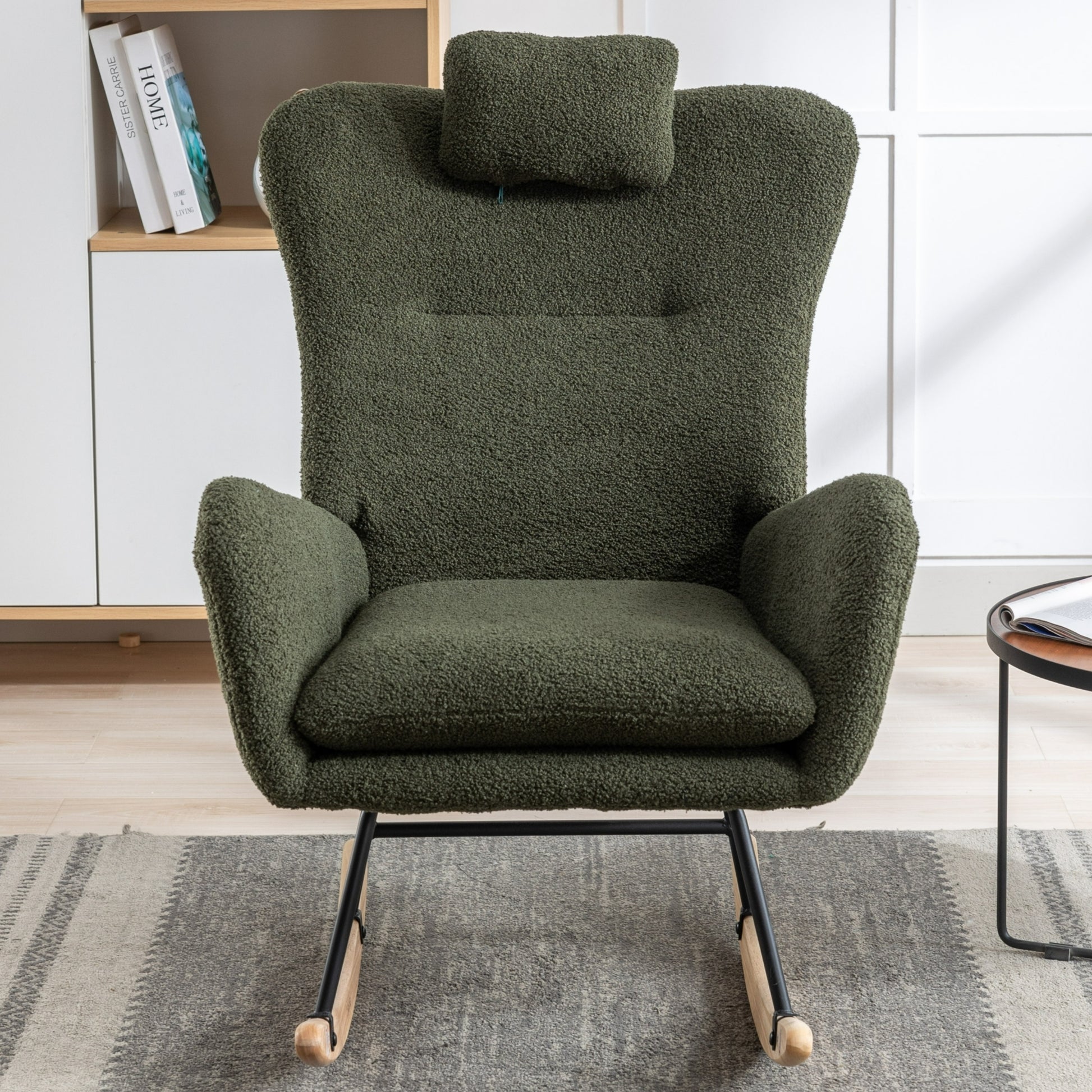 35.5 Inch Rocking Chair With Pocket, Soft Teddy Fabric Rocking Chair For Nursery, Comfy Wingback Glider Rocker With Safe Solid Wood Base For Living Room Bedroom Balcony Dark Green Dark Green Casual Foam Teddy