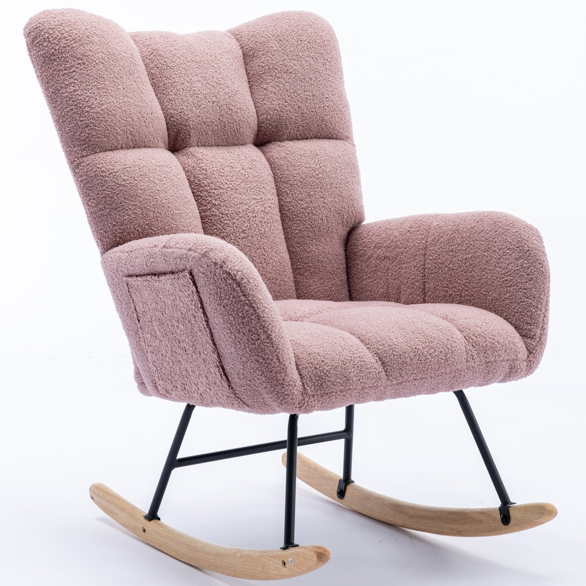Rocking Chair With Pocket, Soft Teddy Fabric Rocking Chair For Nursery, Comfy Wingback Glider Rocker With Safe Solid Wood Base For Living Room Bedroom Balcony Pink Pink Casual Foam Teddy