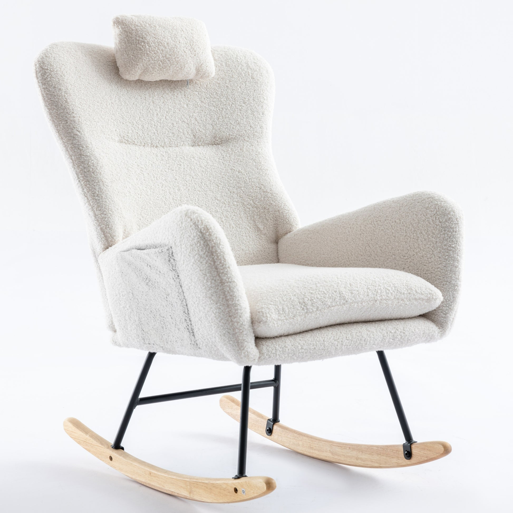 35.5 Inch Rocking Chair With Pocket, Soft Teddy Fabric Rocking Chair For Nursery, Comfy Wingback Glider Rocker With Safe Solid Wood Base For Living Room Bedroom Balcony White White Casual Foam Teddy